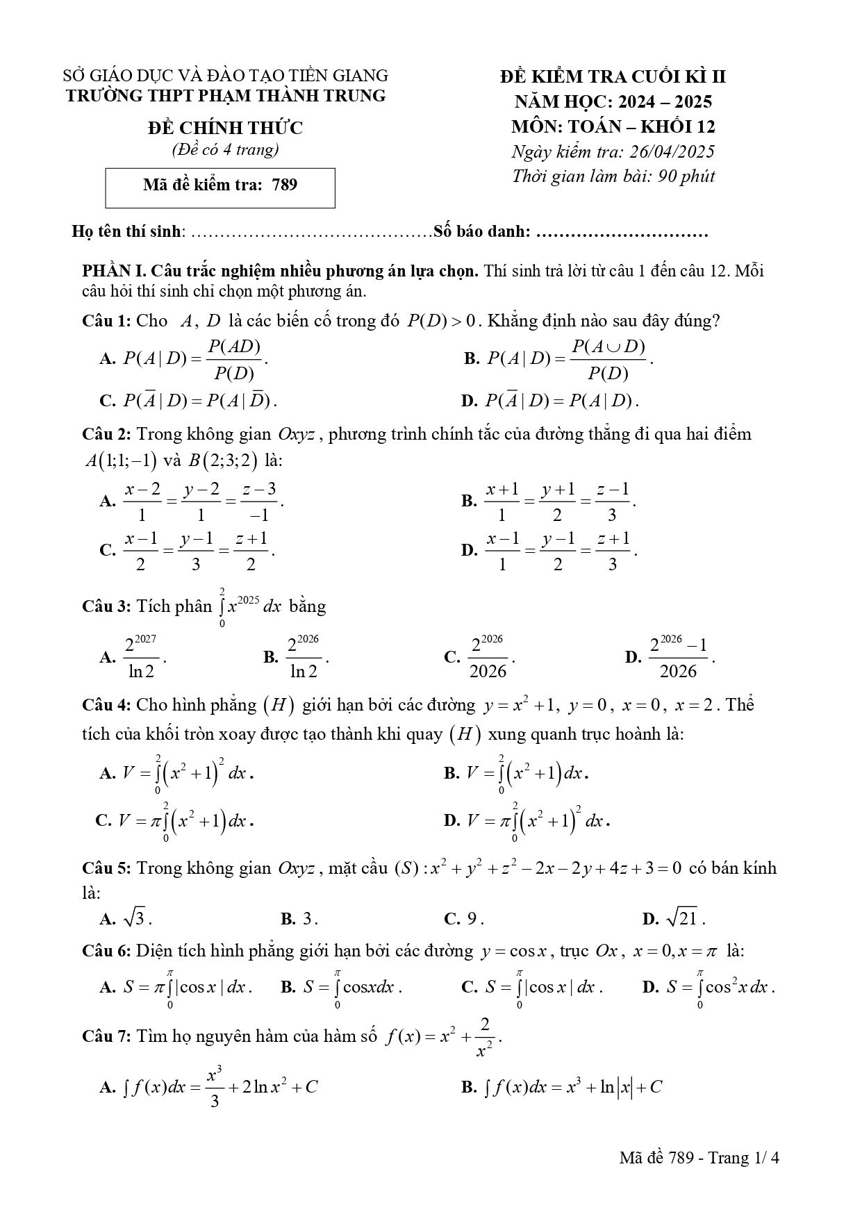 Đề thi Học kì 2 Toán 12 trường THPT Phạm Thành Trung (Tiền Giang) năm 2024–2025