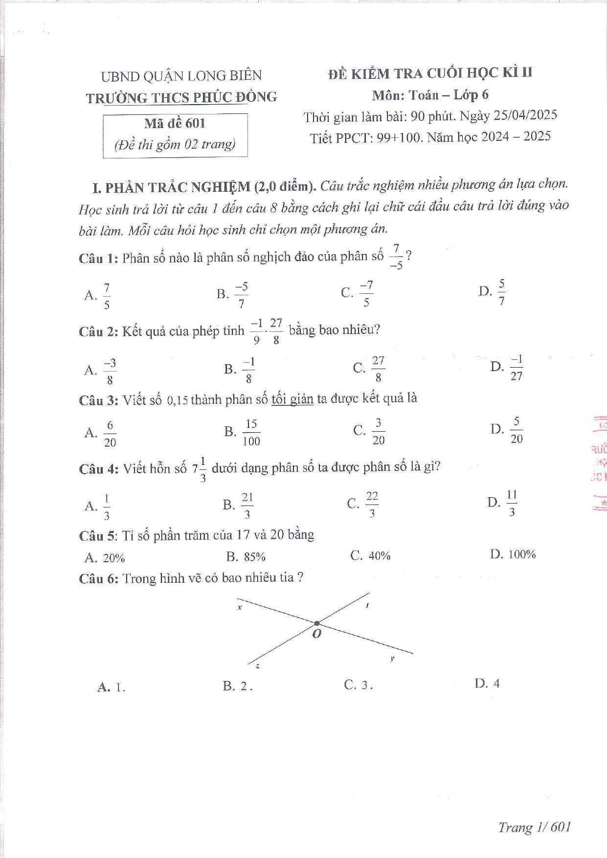 Đề thi Học kì 2 Toán 6 trường THCS Phúc Đồng (Hà Nội) năm 2024–2025