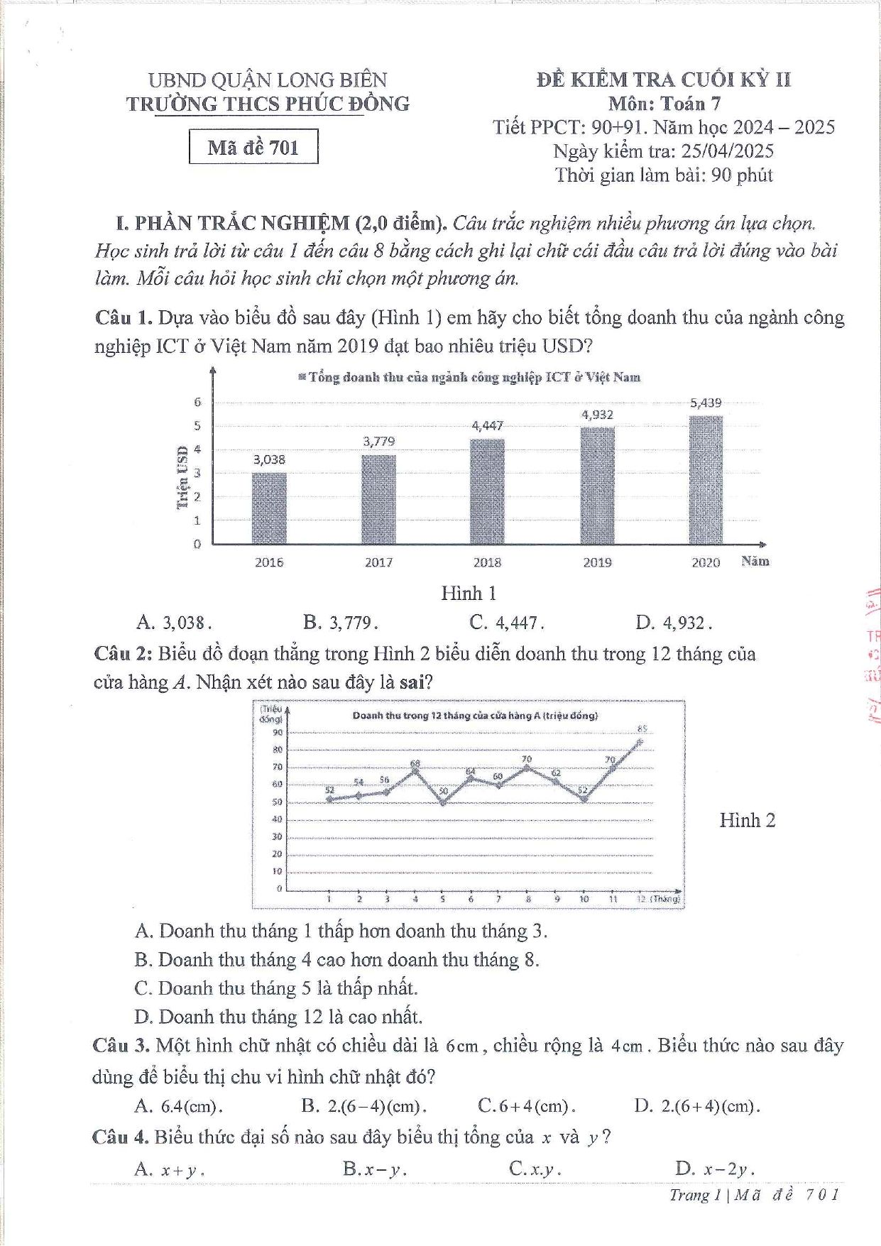 Đề thi Học kì 2 Toán 7 trường THCS Phúc Đồng (Hà Nội) năm 2024–2025