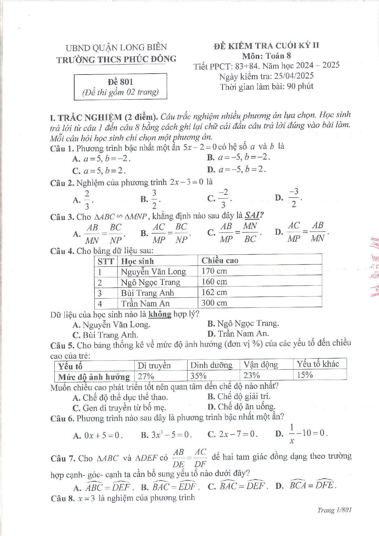 Đề thi Học kì 2 Toán 8 trường THCS Phúc Đồng (Hà Nội) năm 2024–2025