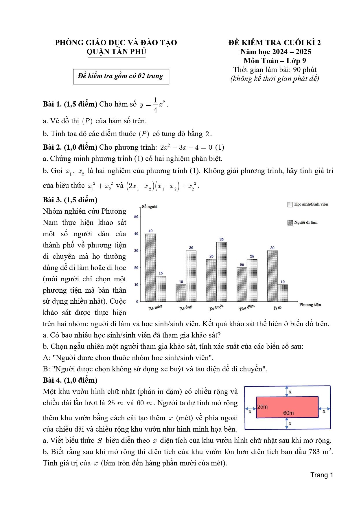 Đề thi Học kì 2 Toán 9 phòng GD&ĐT Tân Phú (Hồ Chí Minh) năm 2024–2025