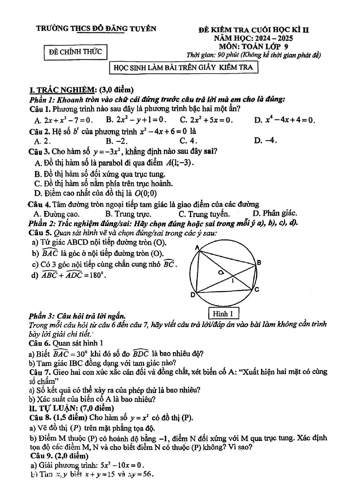 Đề thi Học kì 2 Toán 9 trường THCS Đỗ Đăng Tuyển (Đà Nẵng) năm 2024–2025
