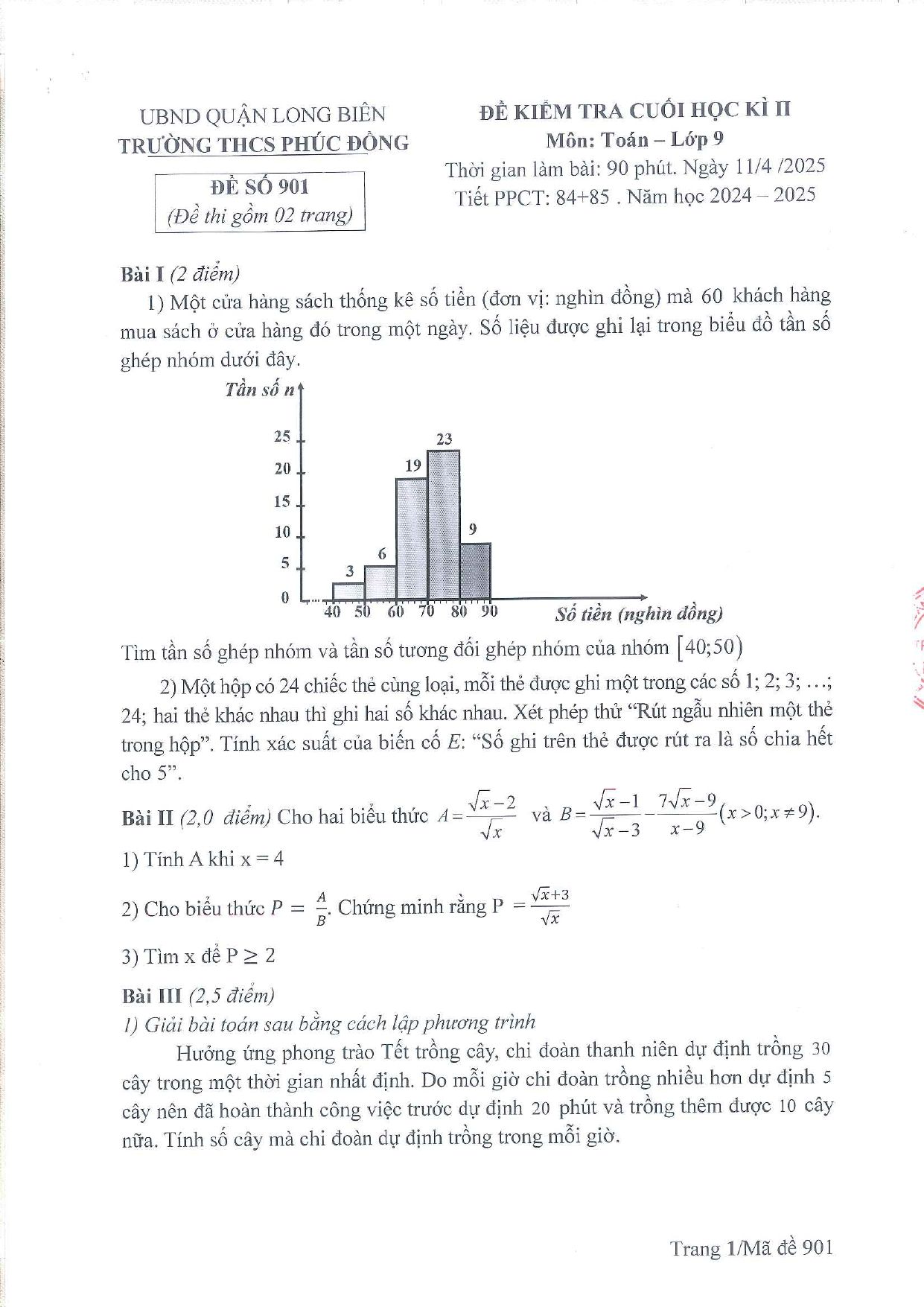 Đề thi Học kì 2 Toán 9 trường THCS Phúc Đồng (Hà Nội) năm 2024–2025
