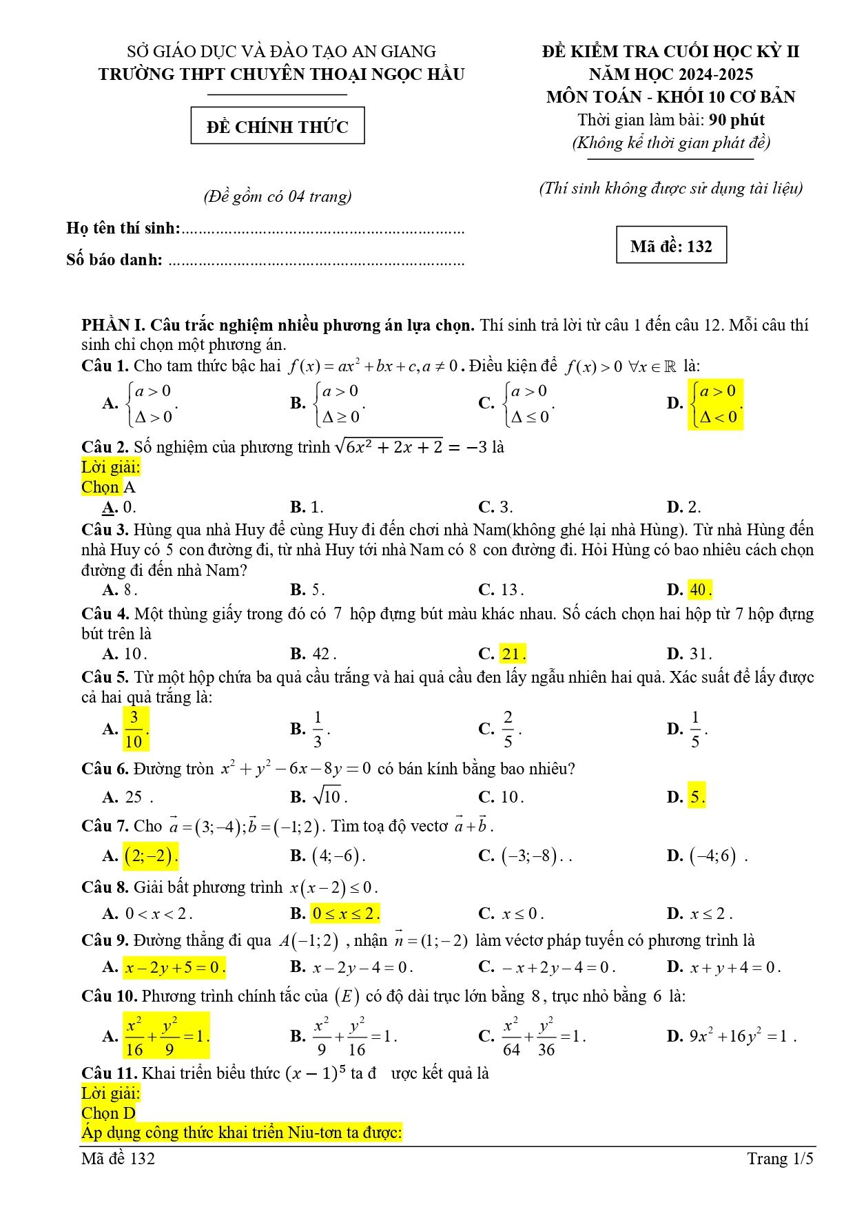 Đề thi Học kì 2 Toán 10 trường chuyên Thoại Ngọc Hầu (An Giang) năm 2024–2025