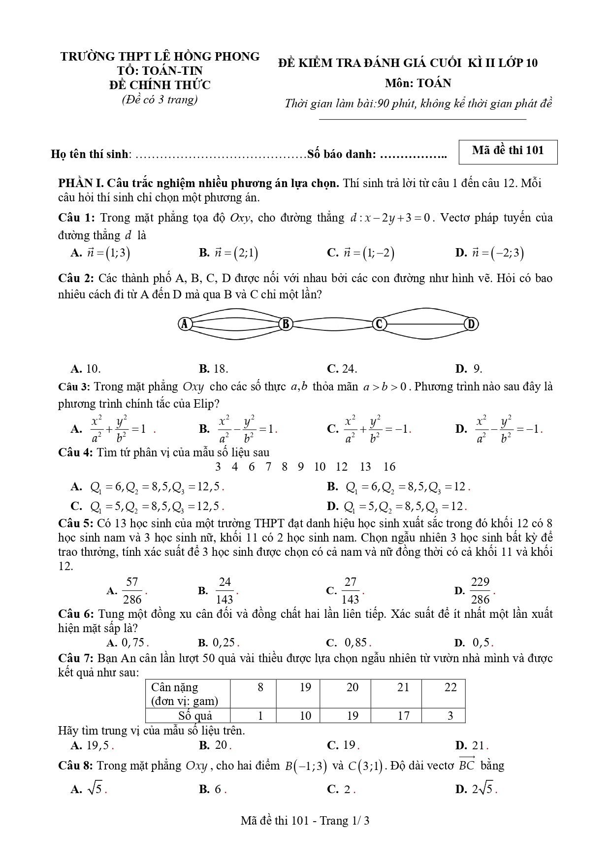 Đề thi Học kì 2 Toán 10 trường THPT Lê Hồng Phong (Đắk Lắk) năm 2024–2025