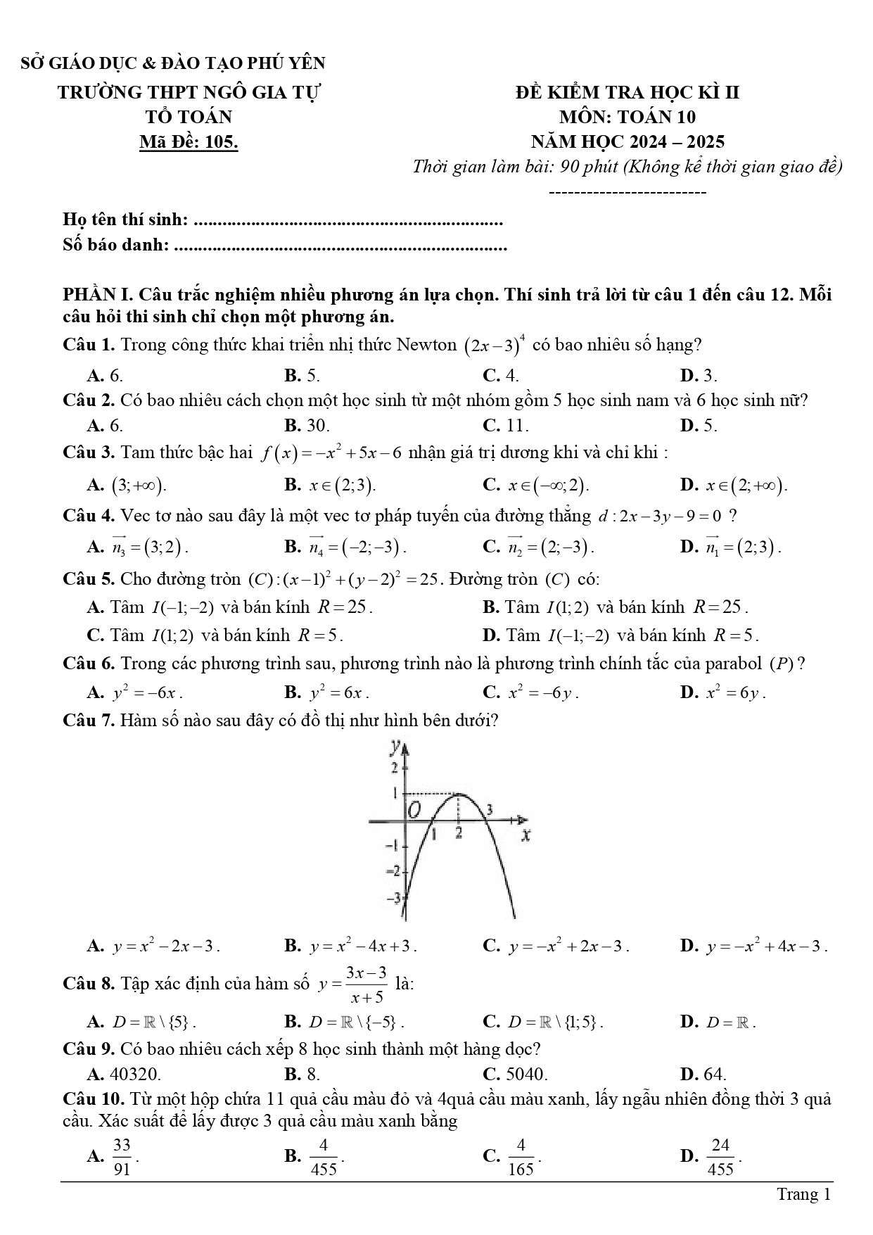 Đề thi Học kì 2 Toán 10 trường THPT Ngô Gia Tự (Phú Yên) năm 2024–2025