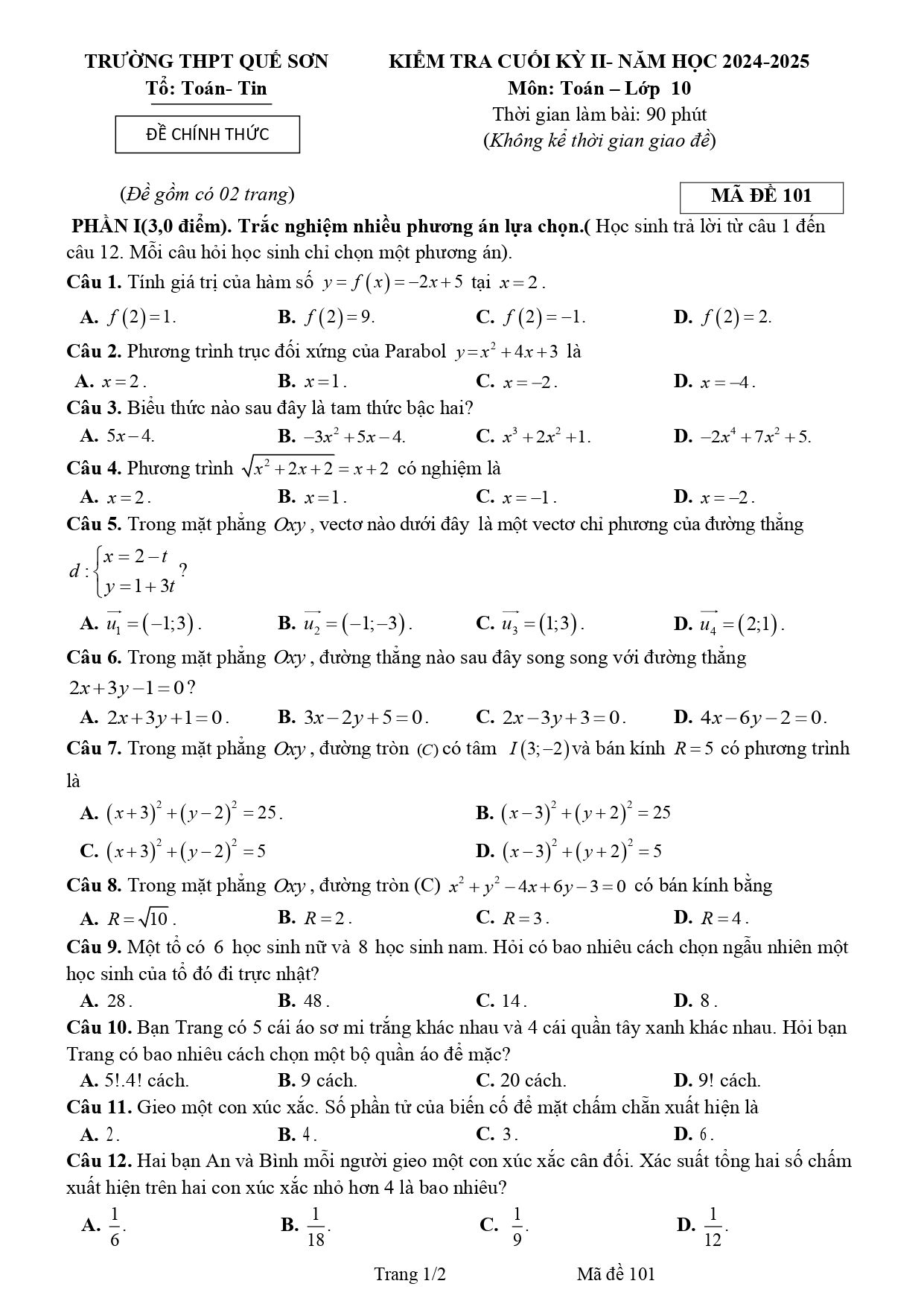 Đề thi Học kì 2 Toán 10 trường THPT Quế Sơn (Quảng Nam) năm 2024–2025