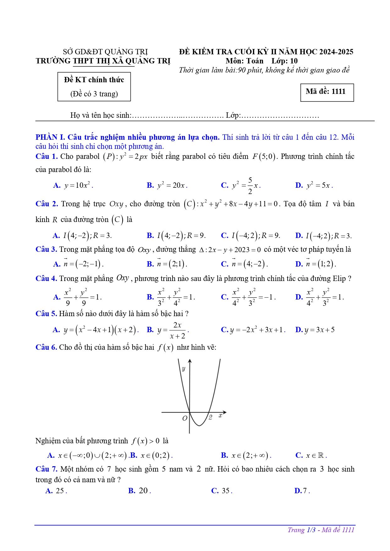 Đề thi Học kì 2 Toán 10 trường THPT Thị xã Quảng Trị năm 2024–2025