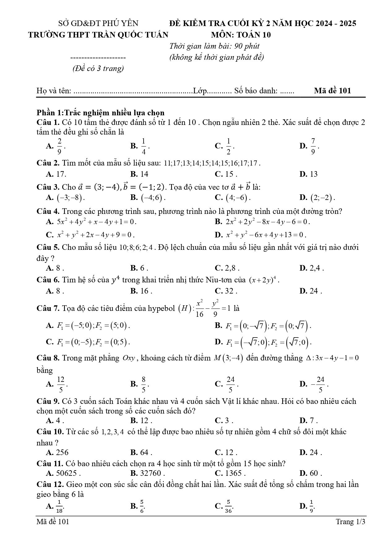 Đề thi Học kì 2 Toán 10 trường THPT Trần Quốc Tuấn (Phú Yên) năm 2024–2025