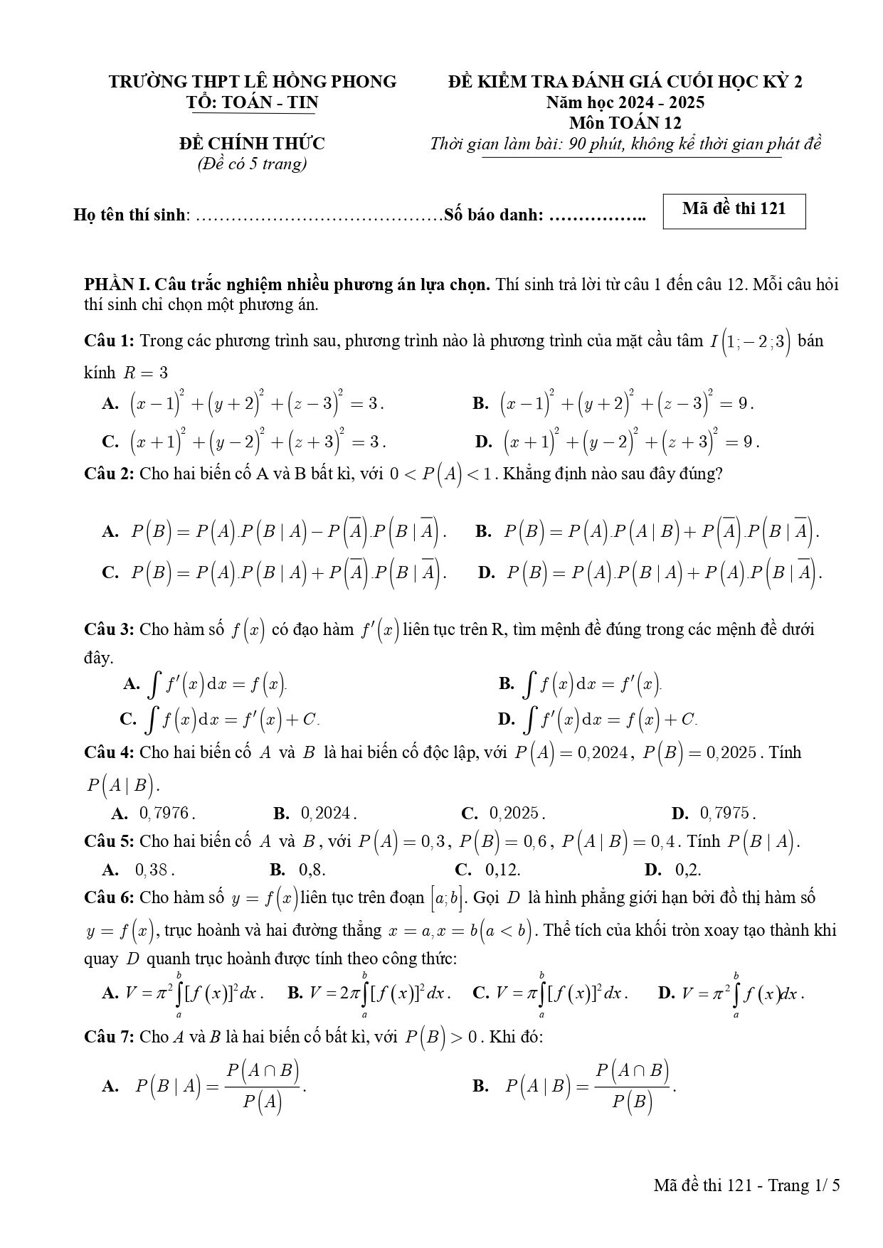 Đề thi Học kì 2 Toán 12 trường THPT Lê Hồng Phong (Đắk Lắk) năm 2024–2025