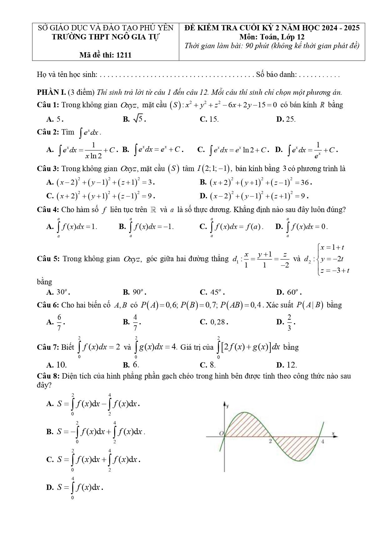 Đề thi Học kì 2 Toán 12 trường THPT Ngô Gia Tự (Phú Yên) năm 2024–2025