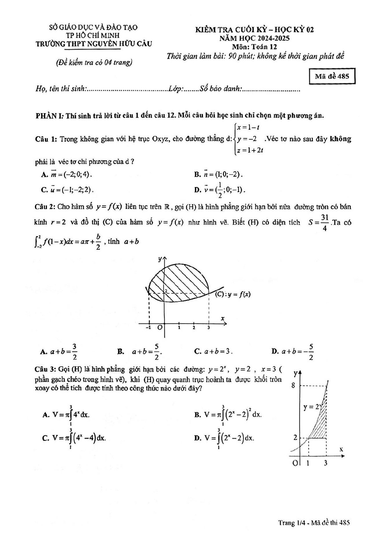 Đề thi Học kì 2 Toán 12 trường THPT Nguyễn Hữu Cầu (Hồ Chí Minh) năm 2024–2025