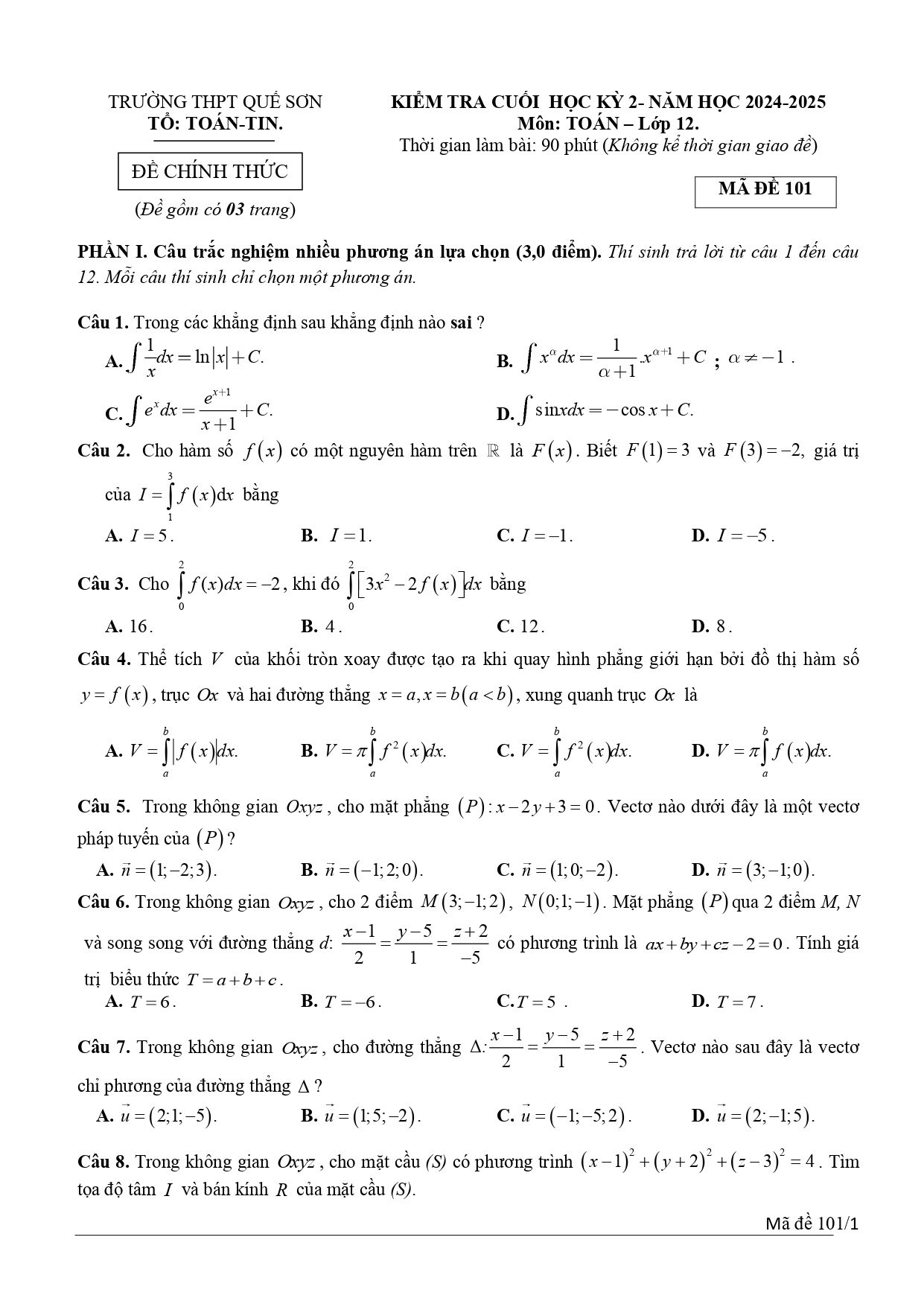 Đề thi Học kì 2 Toán 12 trường THPT Quế Sơn (Quảng Nam) năm 2024–2025