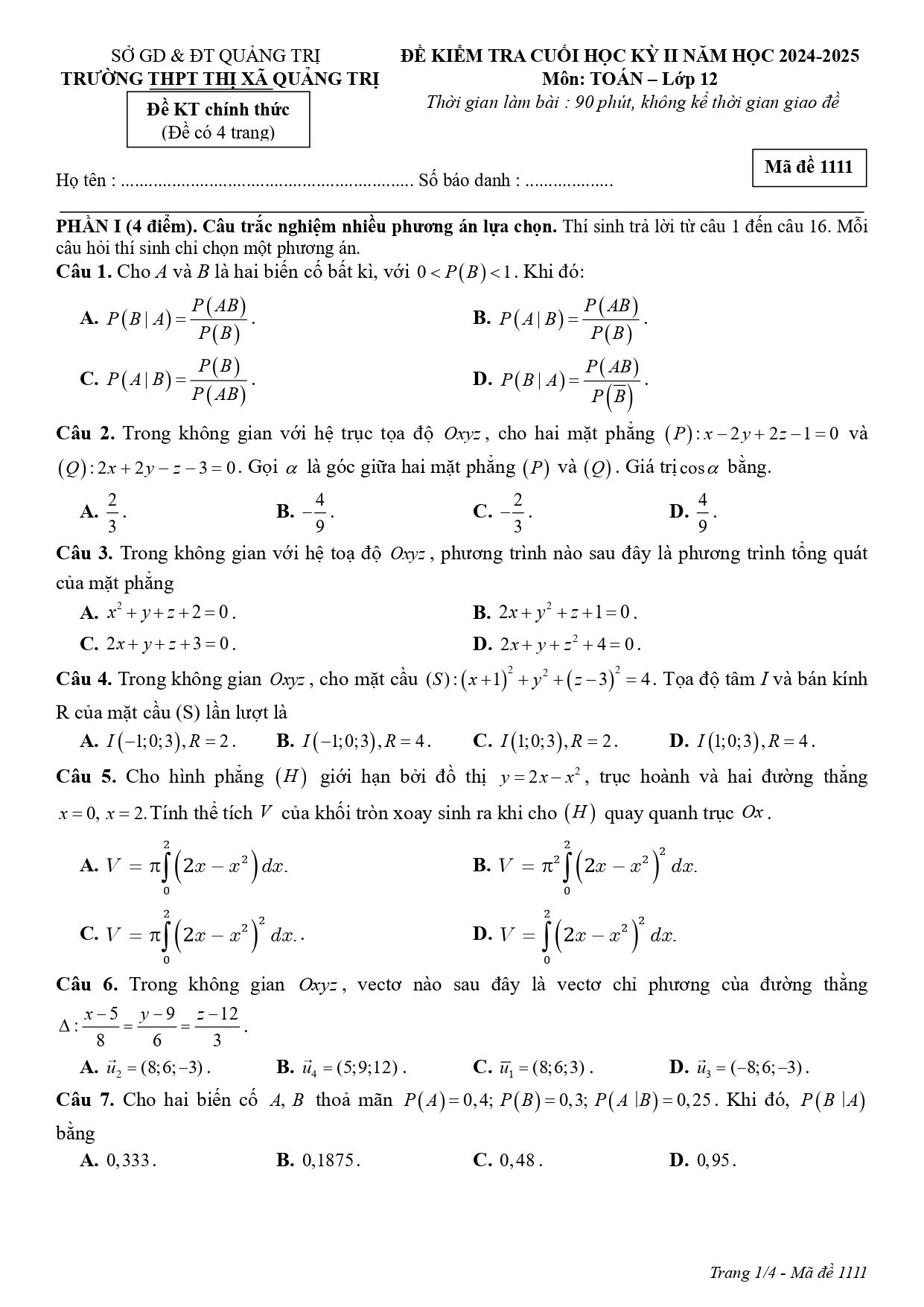 Đề thi Học kì 2 Toán 12 trường THPT Thị xã Quảng Trị năm 2024–2025