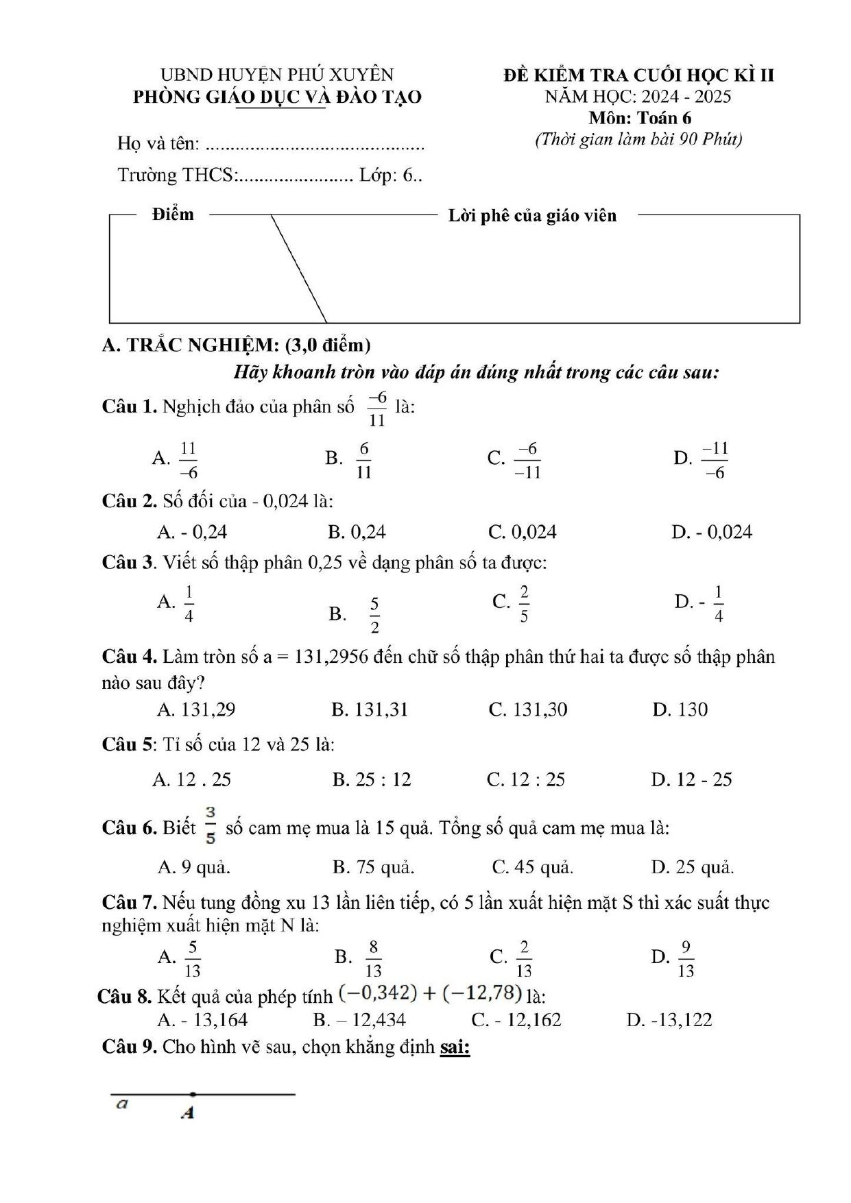 Đề thi Học kì 2 Toán 6 phòng GD&ĐT Phú Xuyên (Hà Nội) năm 2024–2025