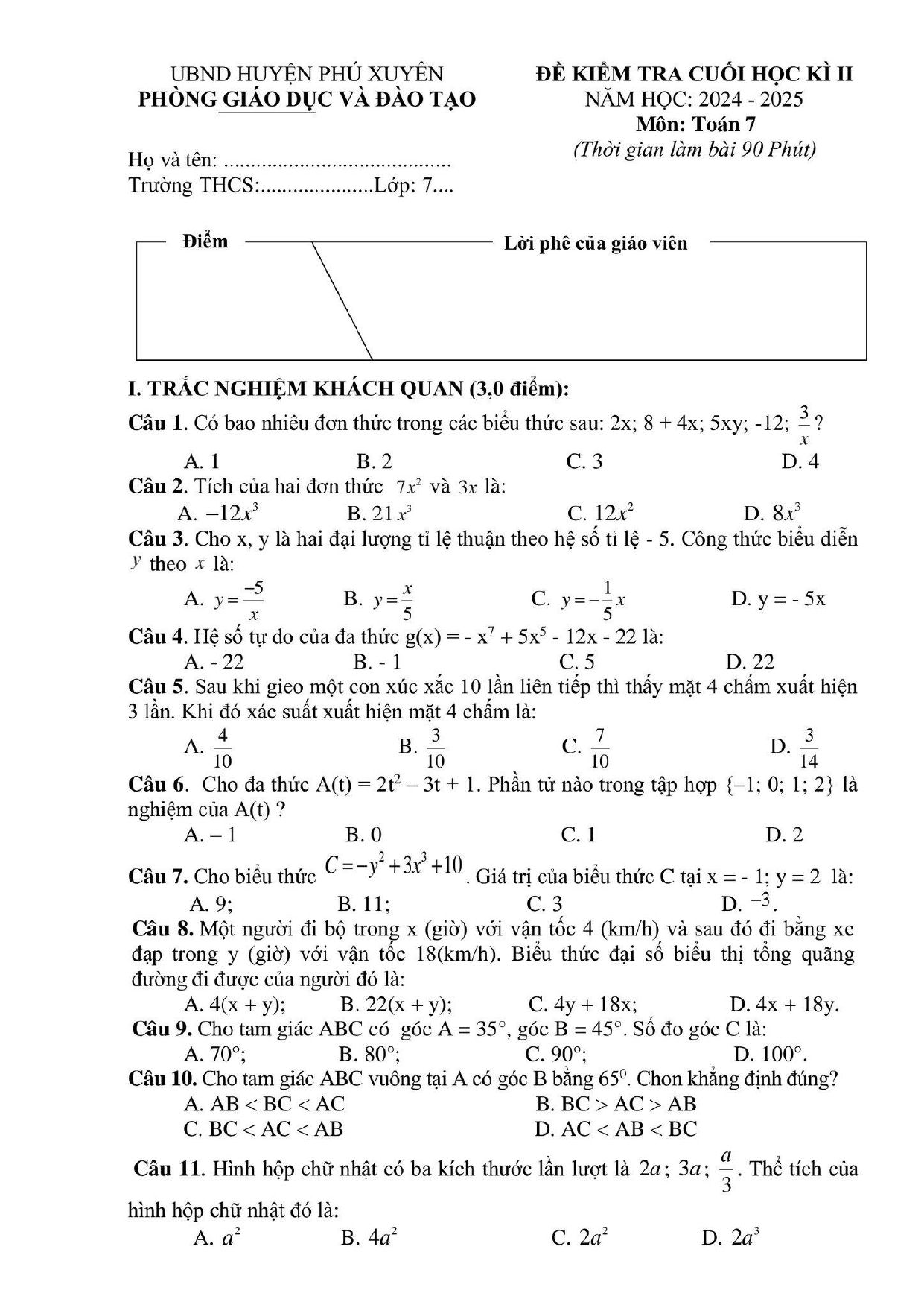 Đề thi Học kì 2 Toán 7 phòng GD&ĐT Phú Xuyên (Hà Nội) năm 2024–2025
