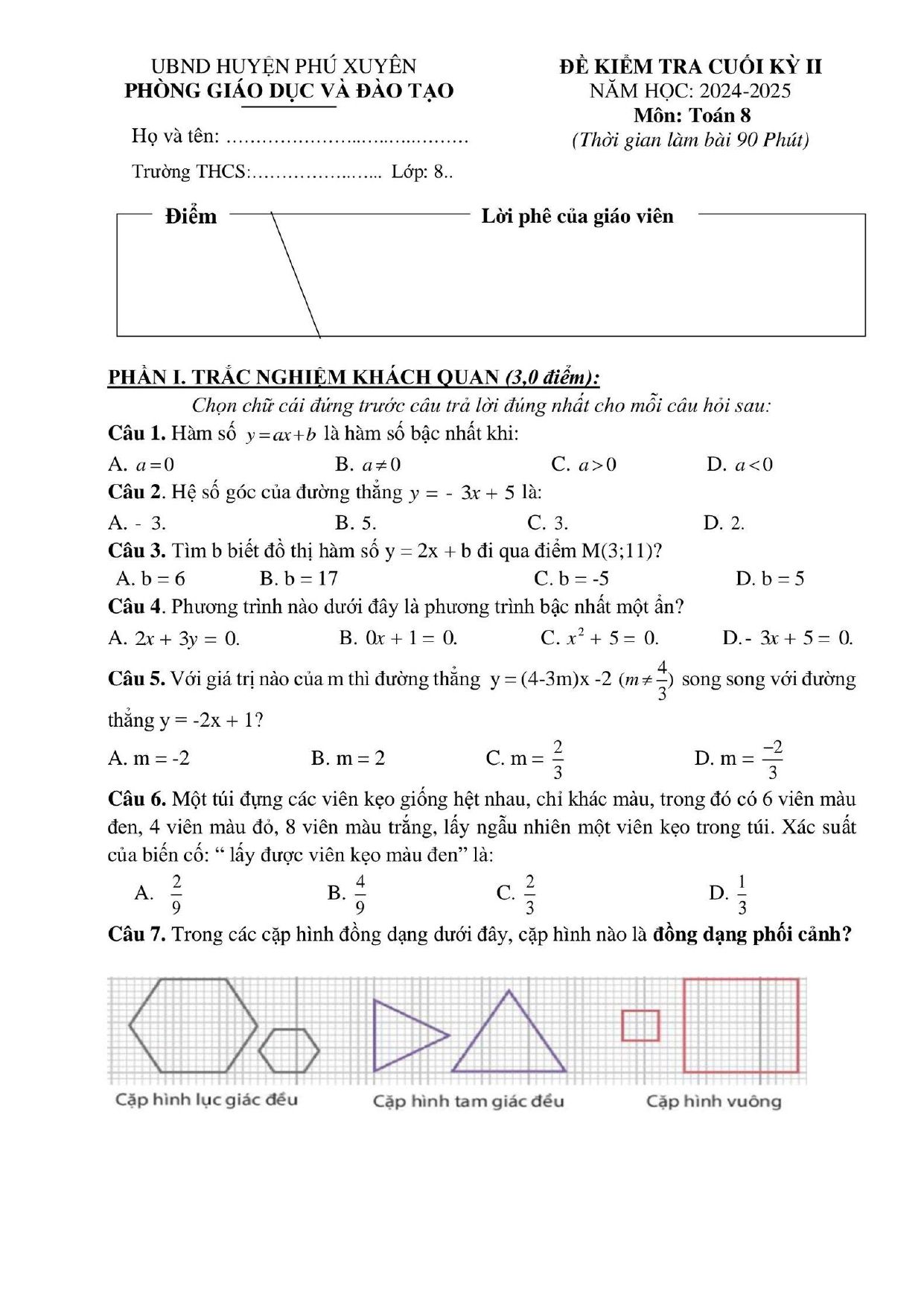 Đề thi Học kì 2 Toán 8 phòng GD&ĐT Phú Xuyên (Hà Nội) năm 2024–2025