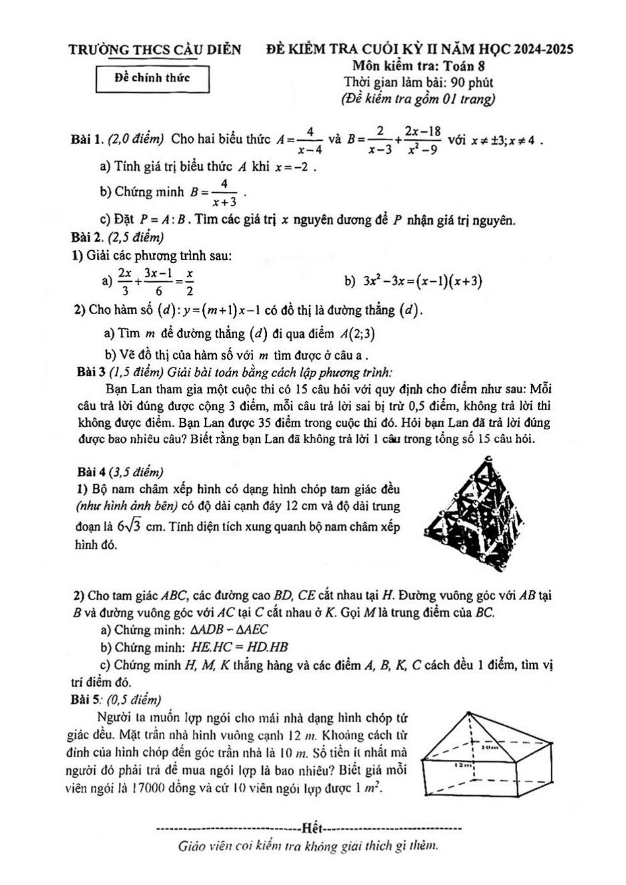 Đề thi Học kì 2 Toán 8 trường THCS Cầu Diễn (Hà Nội) năm 2024–2025