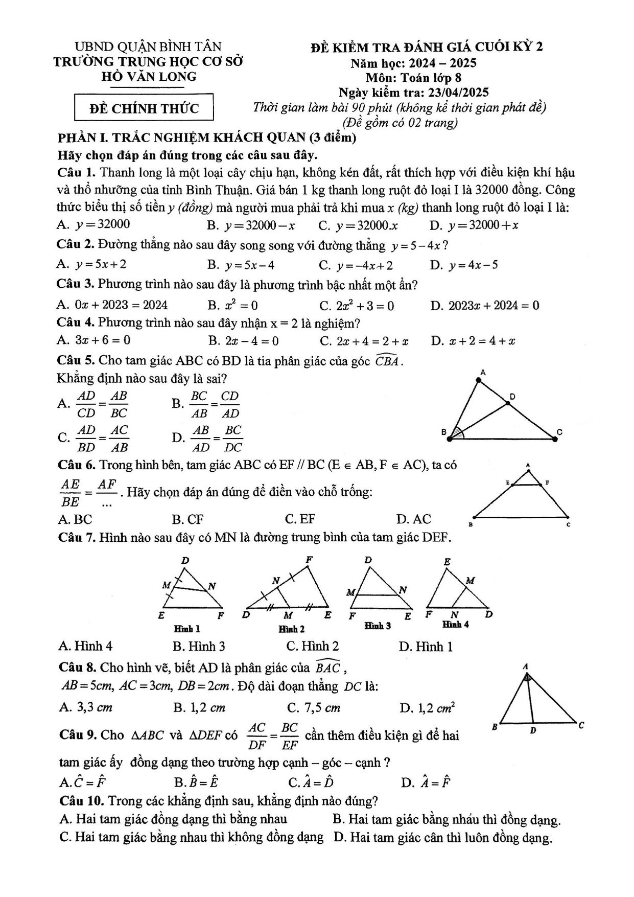 Đề thi Học kì 2 Toán 8 trường THCS Hồ Văn Long (Hồ Chí Minh) năm 2024–2025
