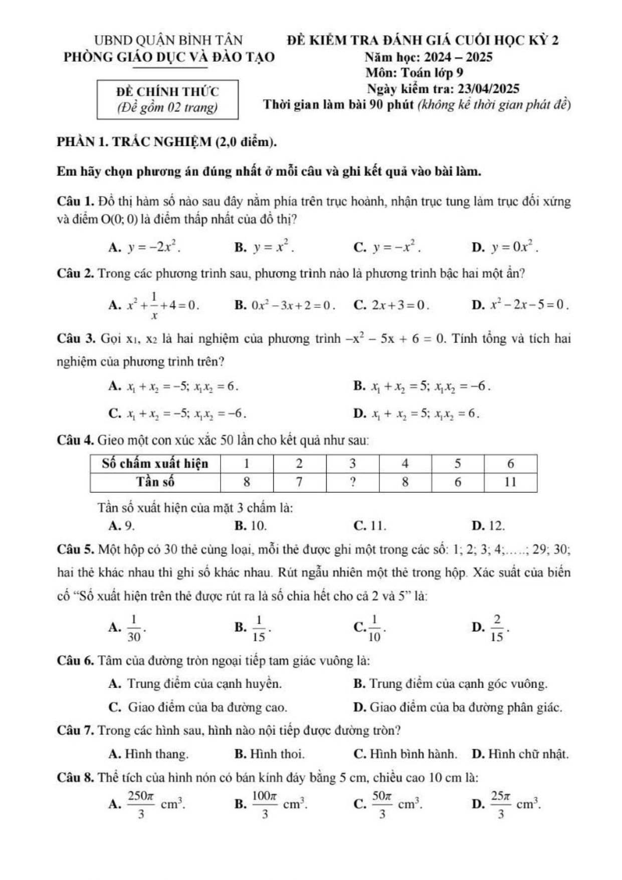Đề thi Học kì 2 Toán 9 phòng GD&ĐT Bình Tân (Hồ Chí Minh) năm 2024–2025