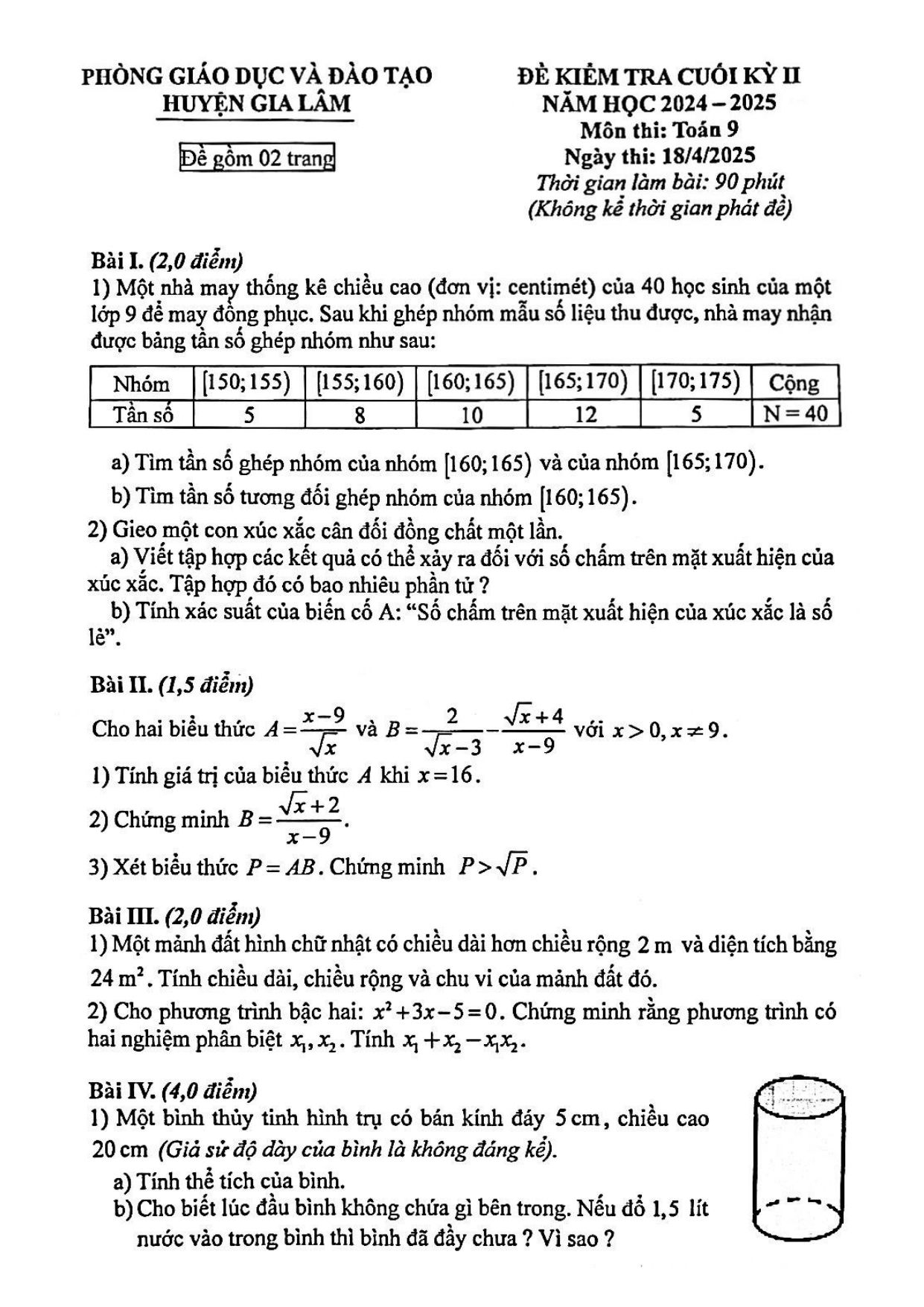 Đề thi Học kì 2 Toán 9 phòng GD&ĐT Gia Lâm (Hà Nội) năm 2024–2025