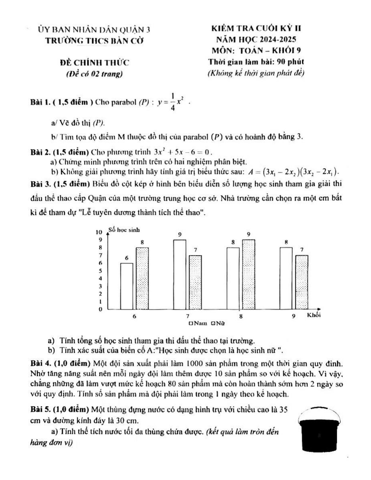 Đề thi Học kì 2 Toán 9 trường THCS Bàn Cờ (Hồ Chí Minh) năm 2024–2025