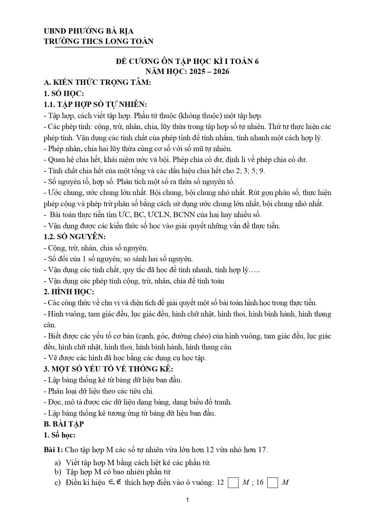 Đề cương ôn tập Học kì 1 Toán 6 trường THCS Long Toàn (TP Hồ Chí Minh) năm 2025–2026