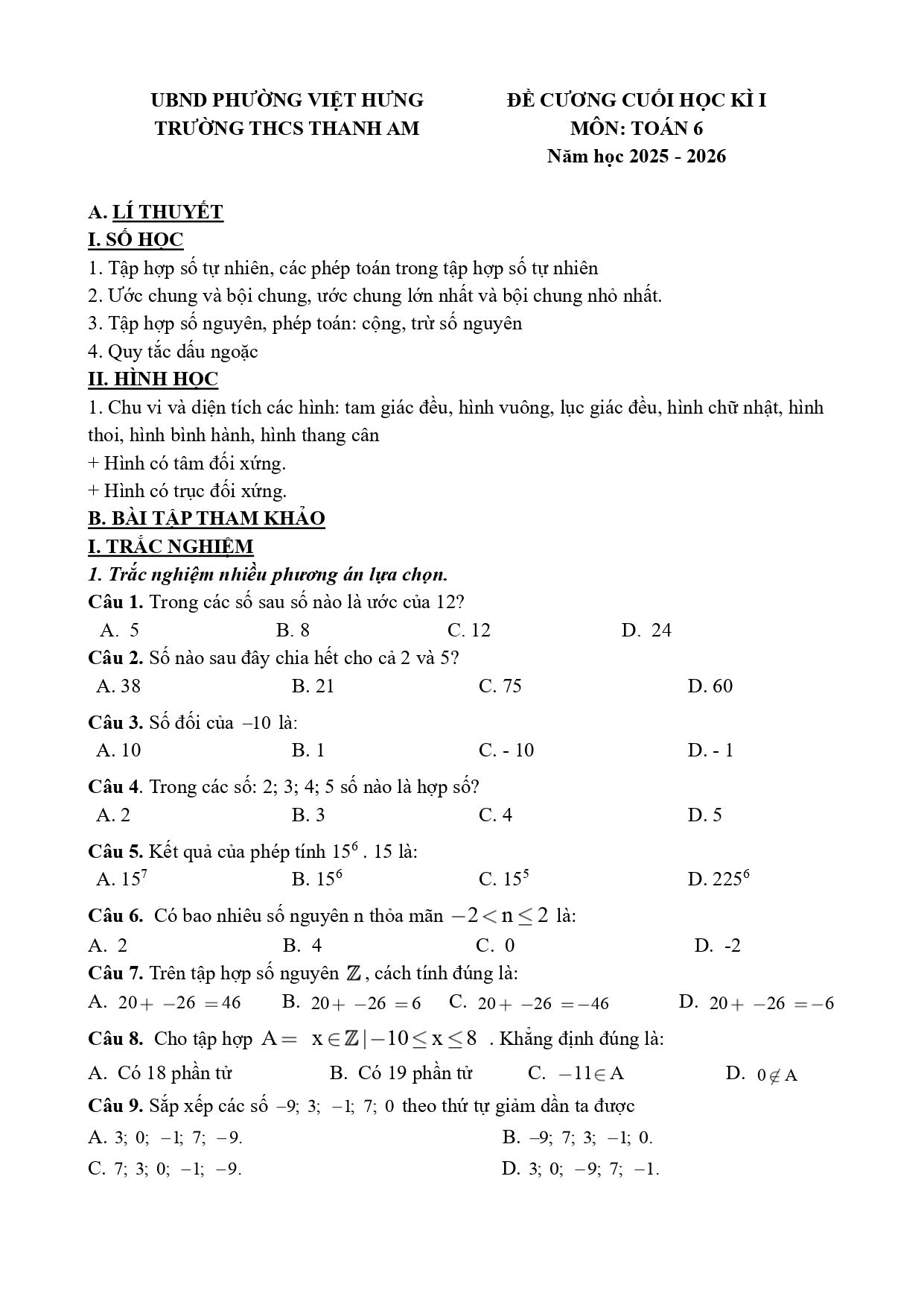 Đề cương ôn tập Học kì 1 Toán 6 trường THCS Thanh Am (Hà Nội) năm 2025–2026