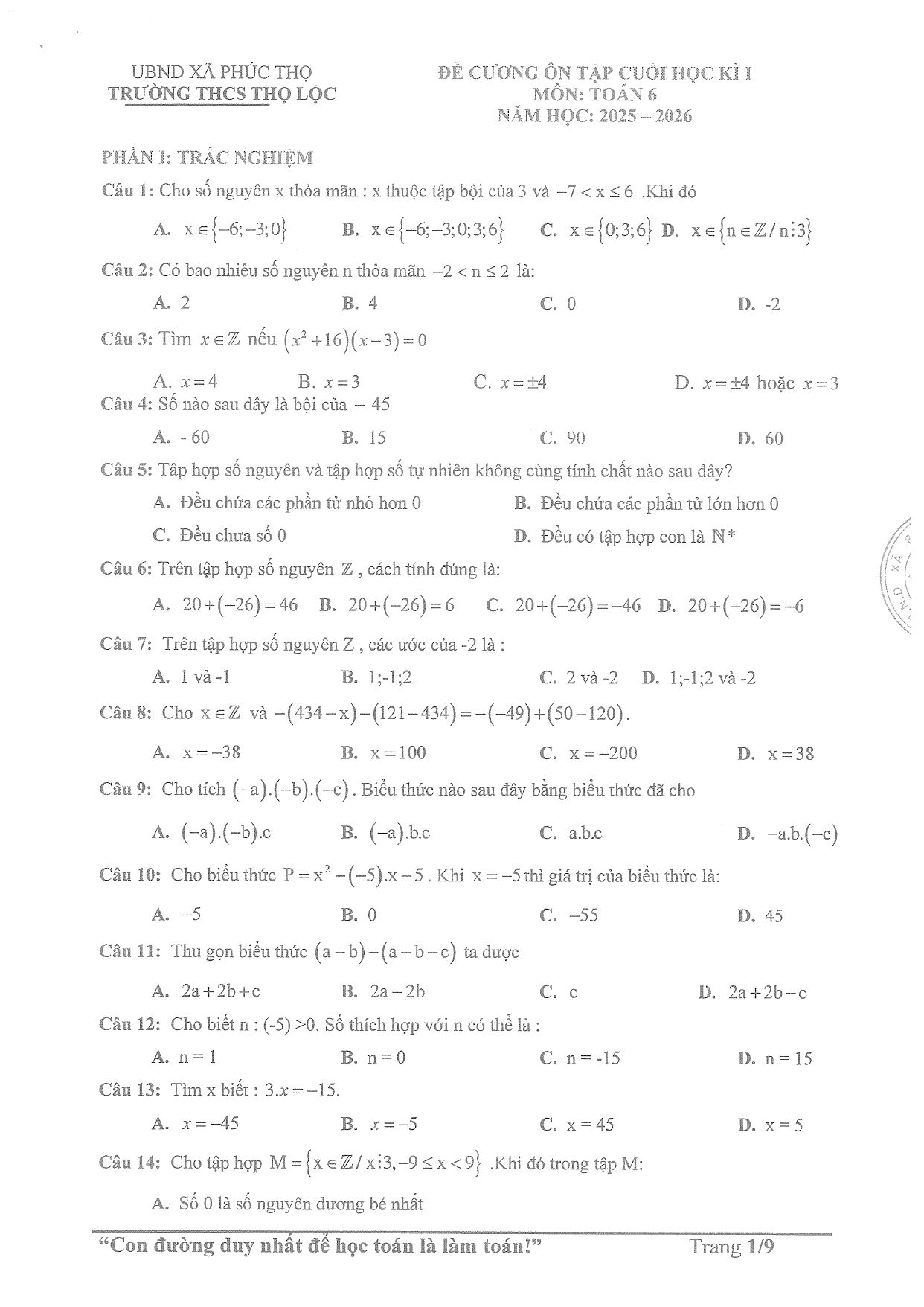 Đề cương ôn tập Học kì 1 Toán 6 trường THCS Thọ Lộc (Hà Nội) năm 2025–2026