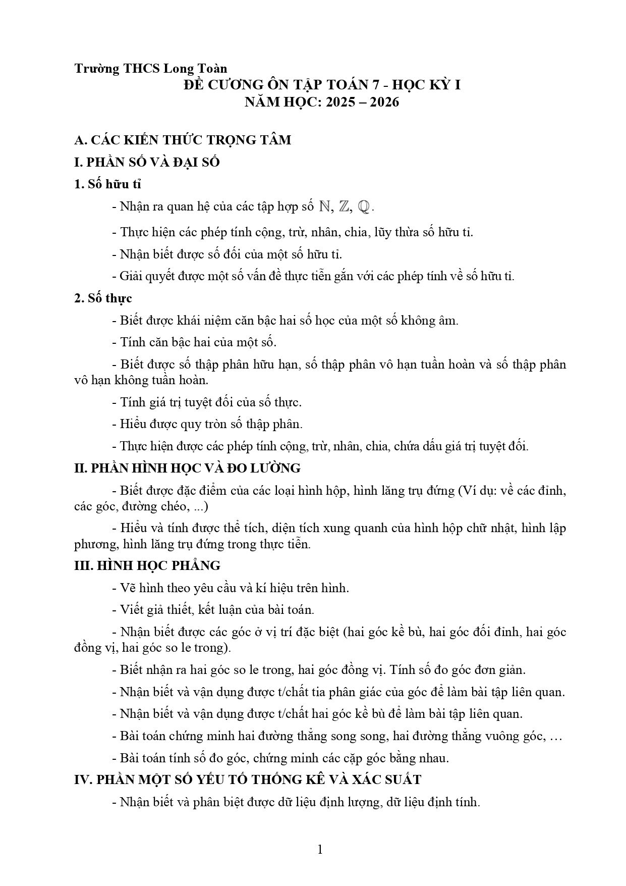 Đề cương ôn tập Học kì 1 Toán 7 trường THCS Long Toàn (TP Hồ Chí Minh) năm 2025–2026