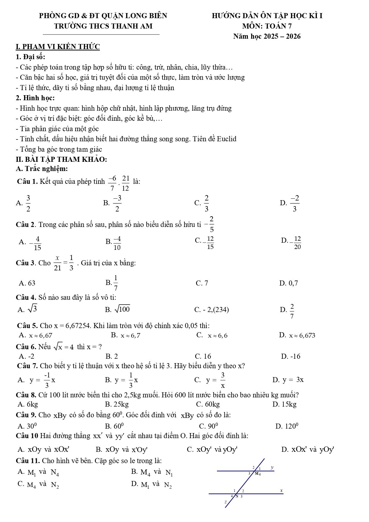 Đề cương ôn tập Học kì 1 Toán 7 trường THCS Thanh Am (Hà Nội) năm 2025–2026