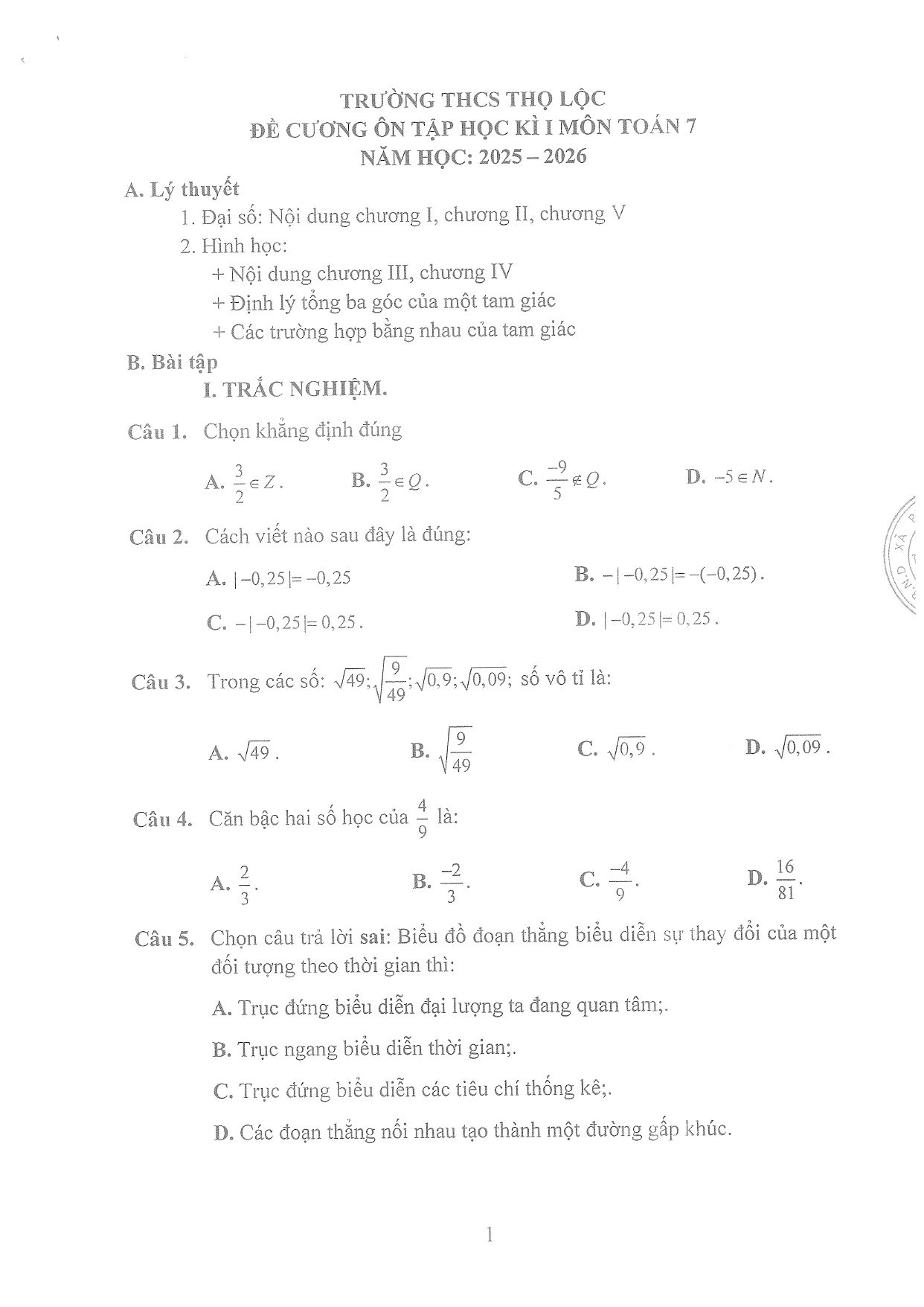 Đề cương ôn tập Học kì 1 Toán 7 trường THCS Thọ Lộc (Hà Nội) năm 2025–2026