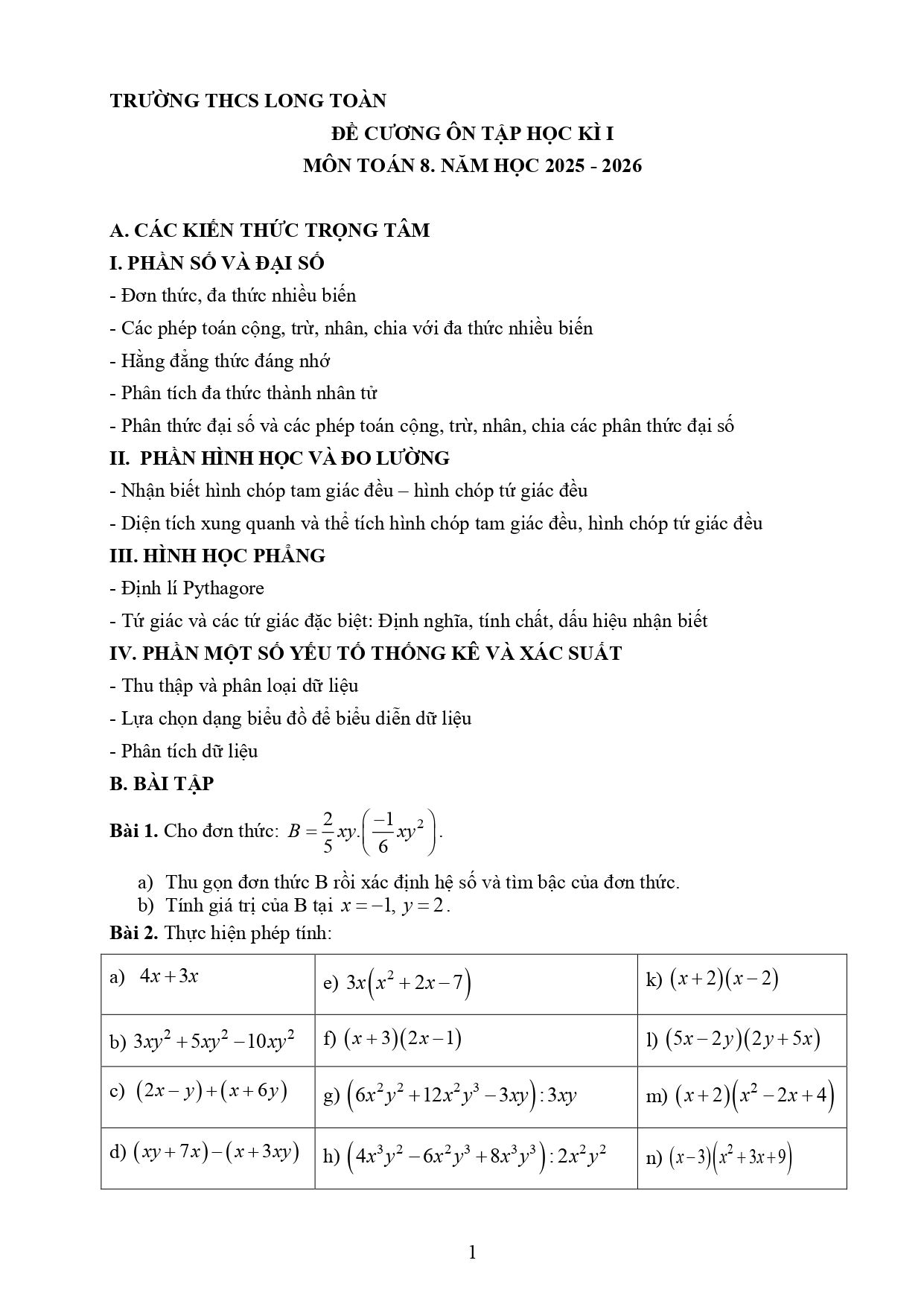 Đề cương ôn tập Học kì 1 Toán 8 trường THCS Long Toàn (TP Hồ Chí Minh) năm 2025–2026