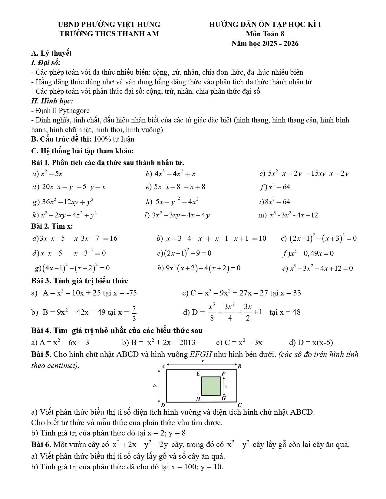 Đề cương ôn tập Học kì 1 Toán 8 trường THCS Thanh Am (Hà Nội) năm 2025–2026