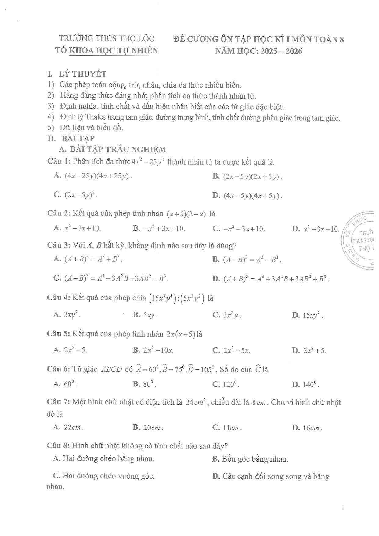 Đề cương ôn tập Học kì 1 Toán 8 trường THCS Thọ Lộc (Hà Nội) năm 2025–2026