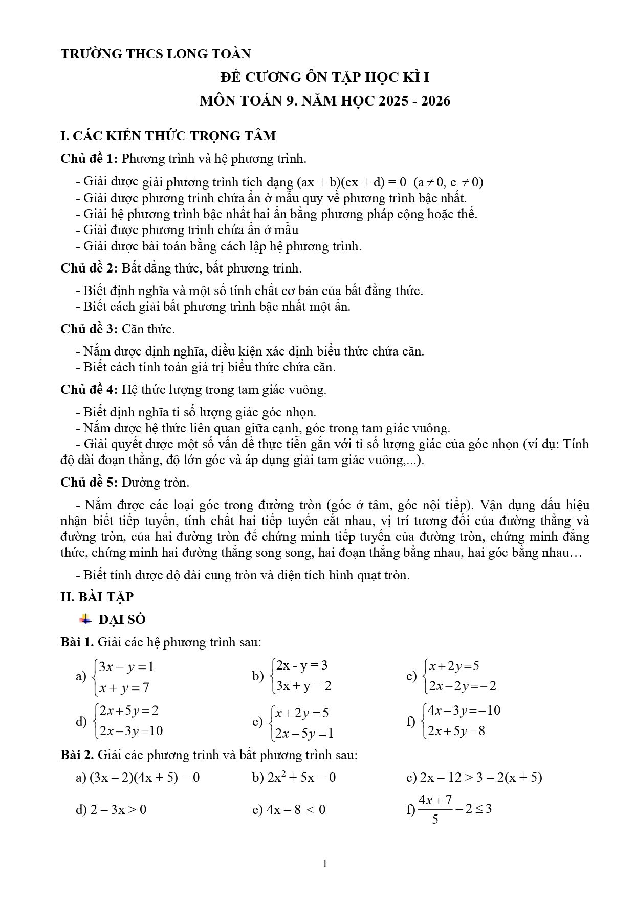 Đề cương ôn tập Học kì 1 Toán 9 trường THCS Long Toàn (TP Hồ Chí Minh) năm 2025–2026