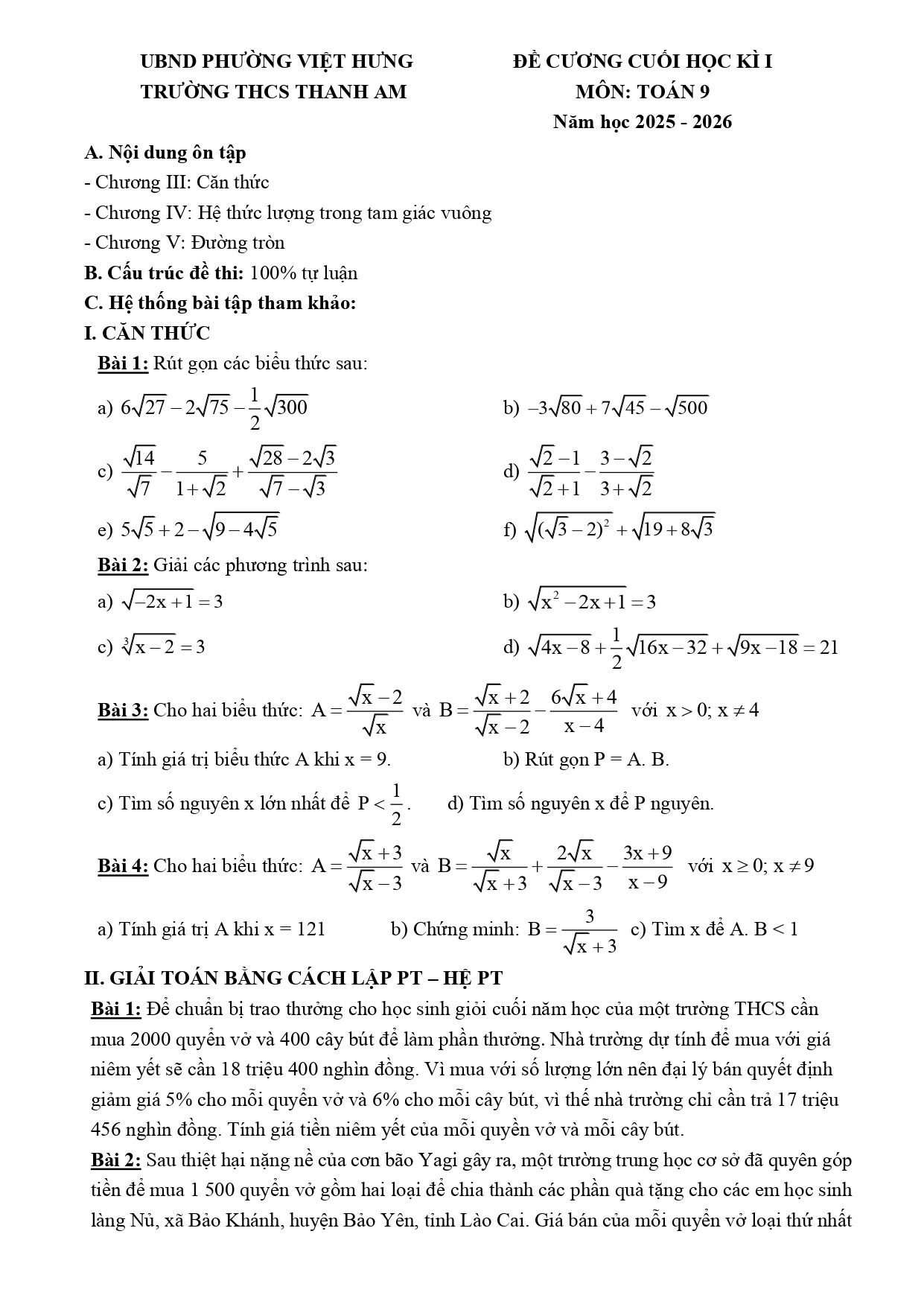 Đề cương ôn tập Học kì 1 Toán 9 trường THCS Thanh Am (Hà Nội) năm 2025–2026