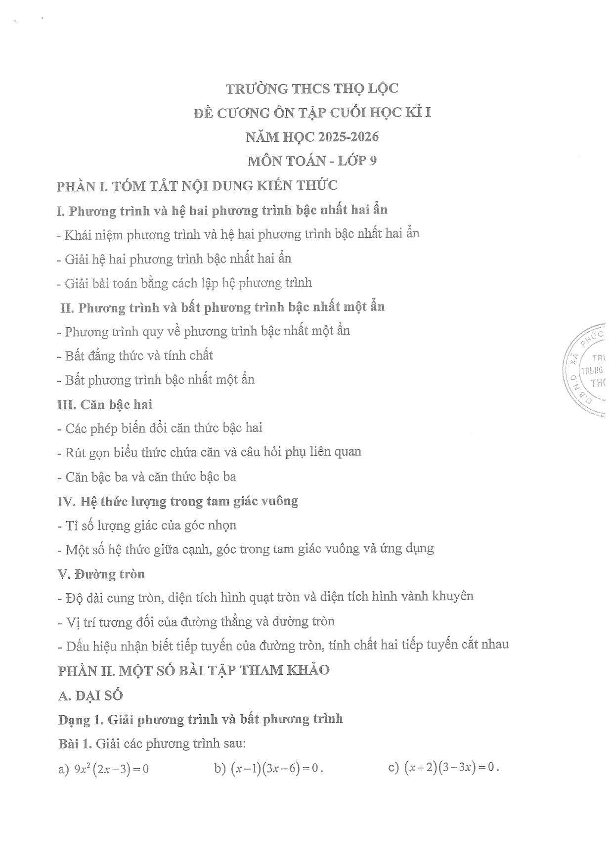 Đề cương ôn tập Học kì 1 Toán 9 trường THCS Thọ Lộc (Hà Nội) năm 2025–2026