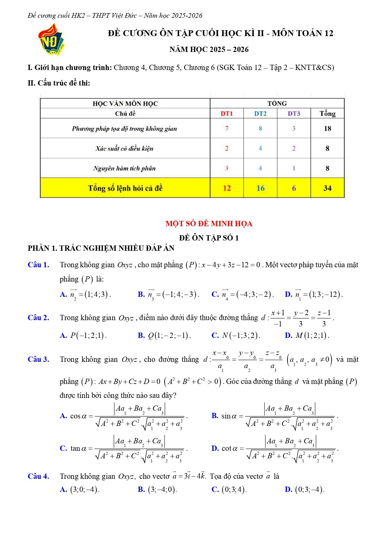 Đề cương ôn tập Học kì 2 Toán 12 trường THPT Việt Đức (Hà Nội) năm 2025–2026
