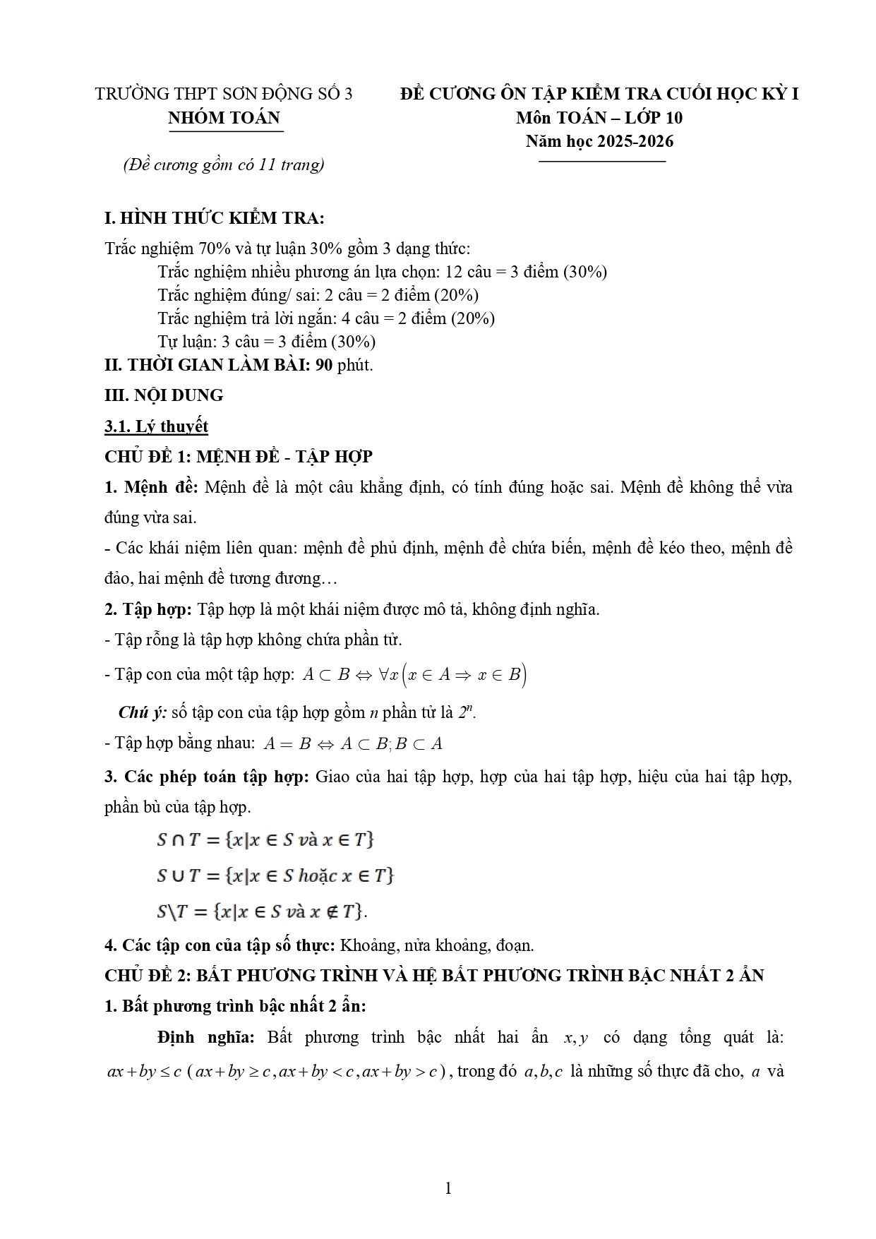 Đề cương ôn tập Học kì 1 Toán 10 trường THPT Sơn Động 3 (Bắc Ninh) năm 2025–2026