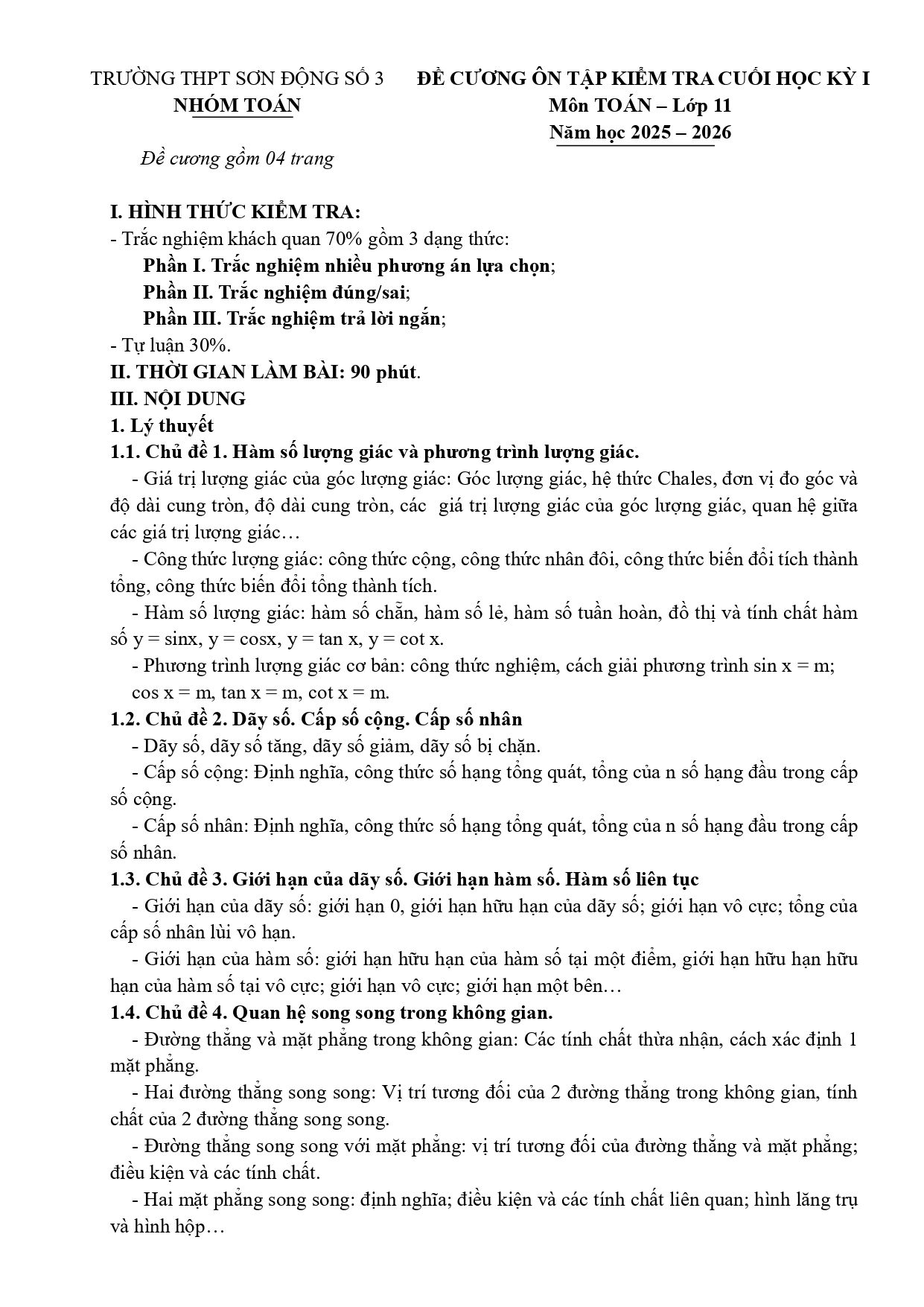 Đề cương ôn tập Học kì 1 Toán 11 trường THPT Sơn Động 3 (Bắc Ninh) năm 2025–2026