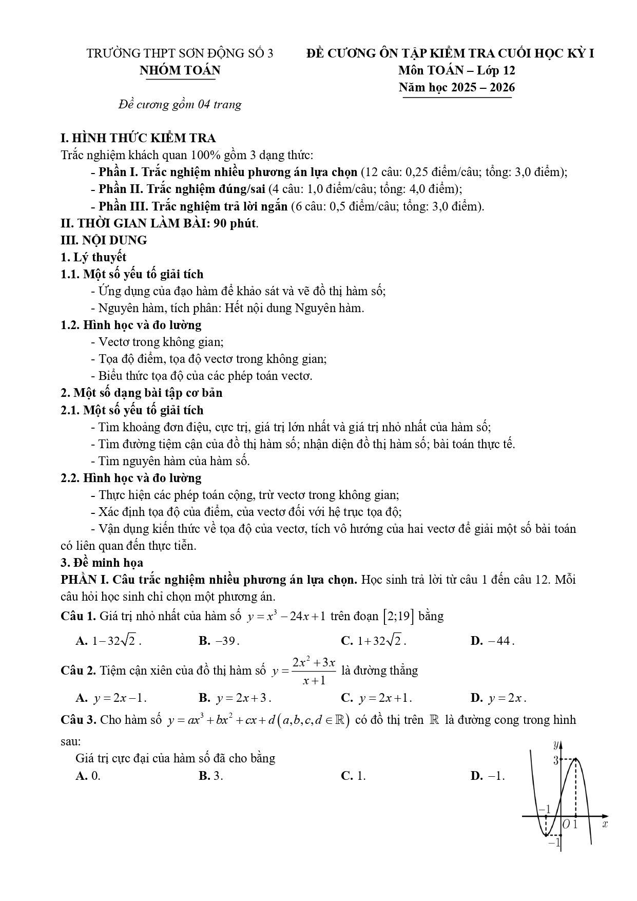 Đề cương ôn tập Học kì 1 Toán 12 trường THPT Sơn Động 3 (Bắc Ninh) năm 2025–2026