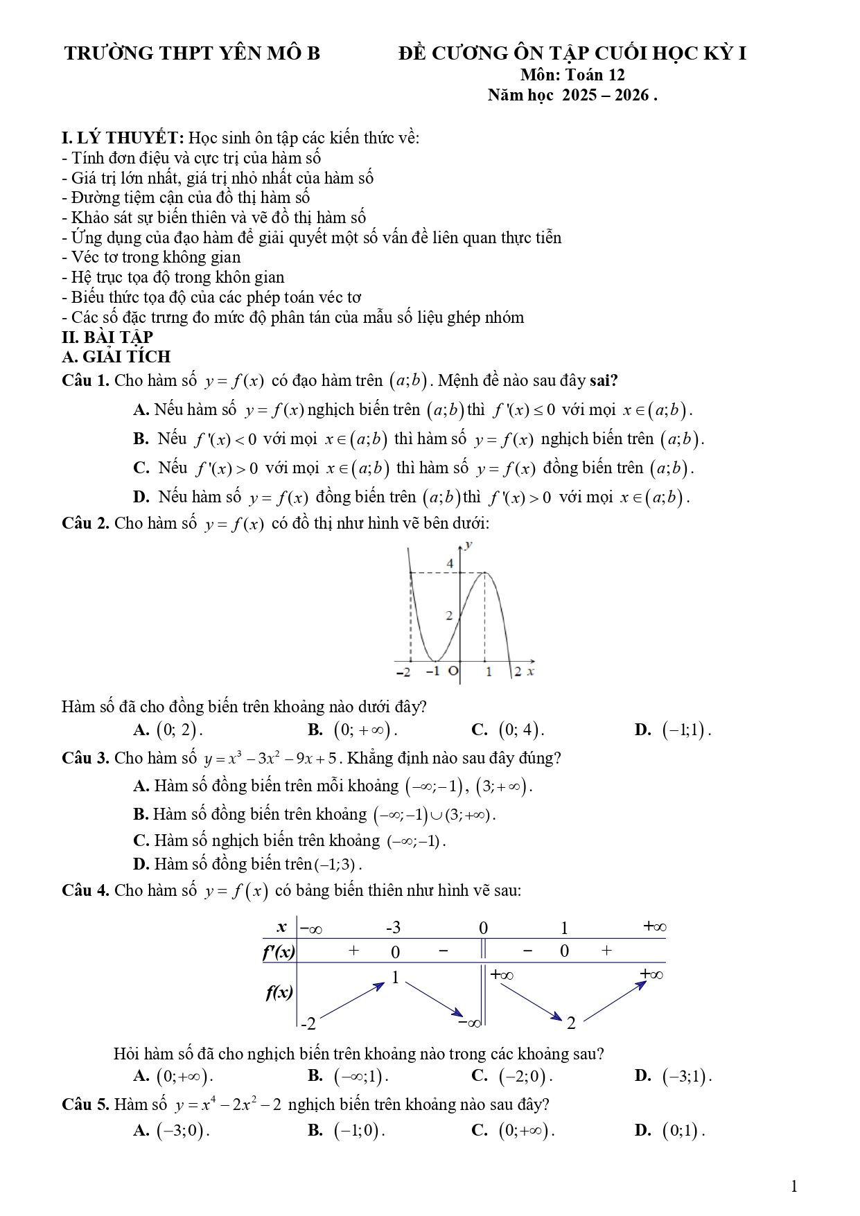 Đề cương ôn tập Học kì 1 Toán 12 trường THPT Yên Mô B (Ninh Bình) năm 2025–2026