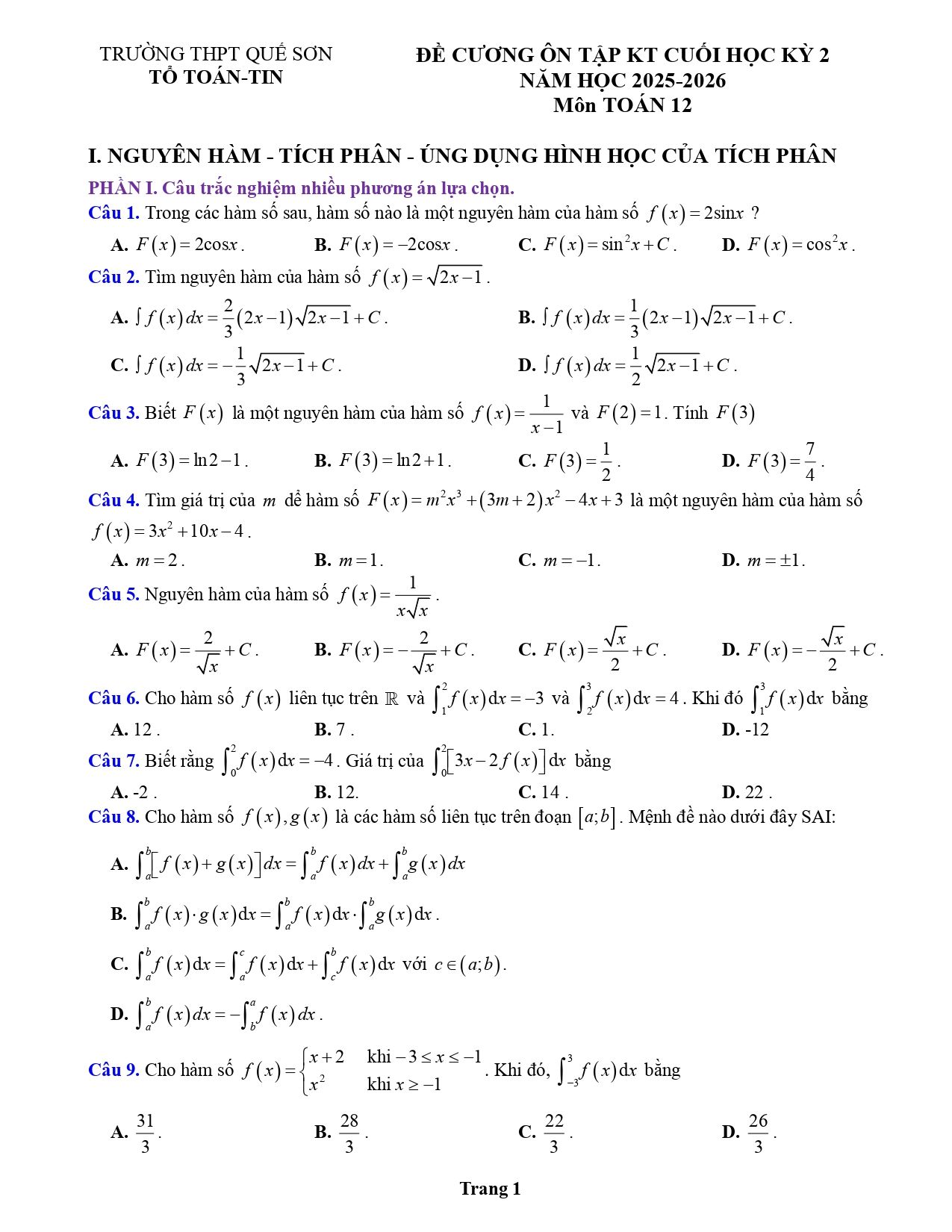 Đề cương ôn tập Học kì 2 Toán 12 trường THPT Quế Sơn (Đà Nẵng) năm 2025–2026