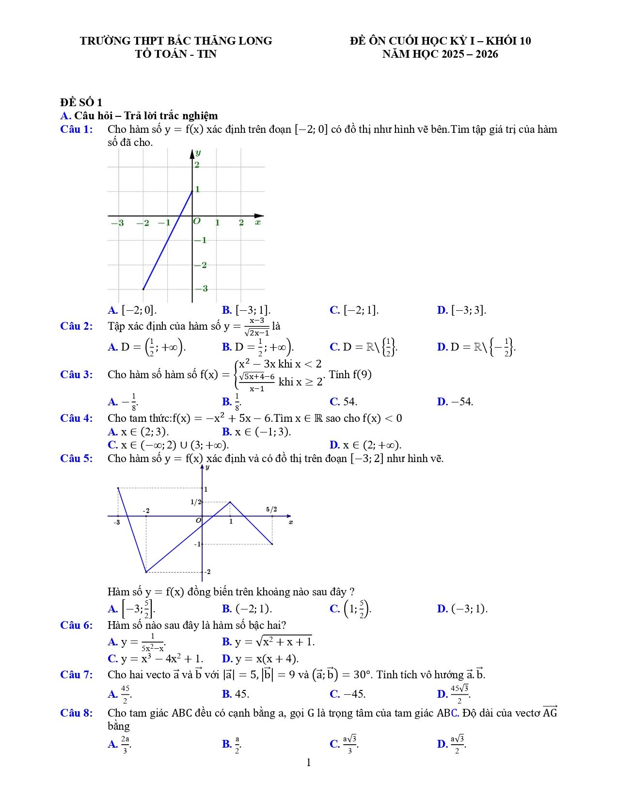 Đề cương ôn tập Học kì 1 Toán 10 trường THPT Bắc Thăng Long (Hà Nội) năm 2025–2026