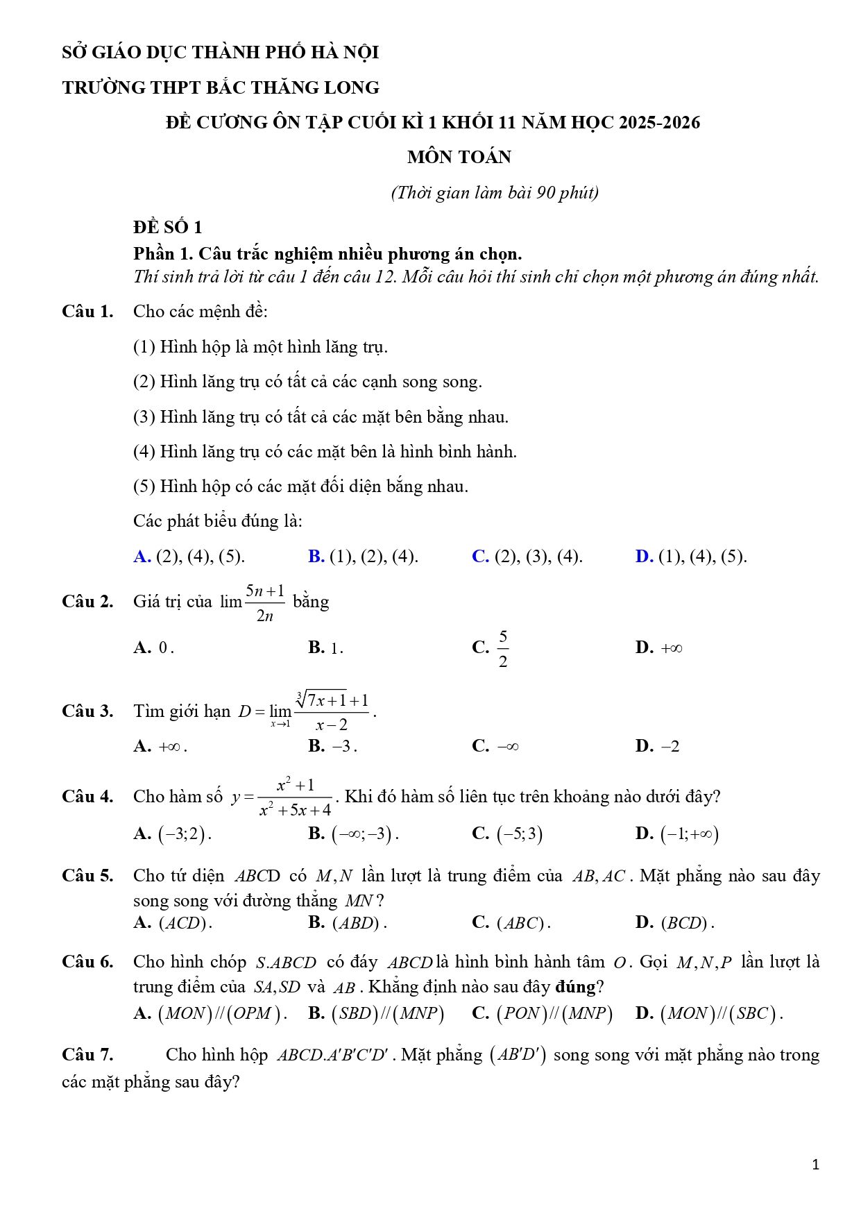 Đề cương ôn tập Học kì 1 Toán 11 trường THPT Bắc Thăng Long (Hà Nội) năm 2025–2026