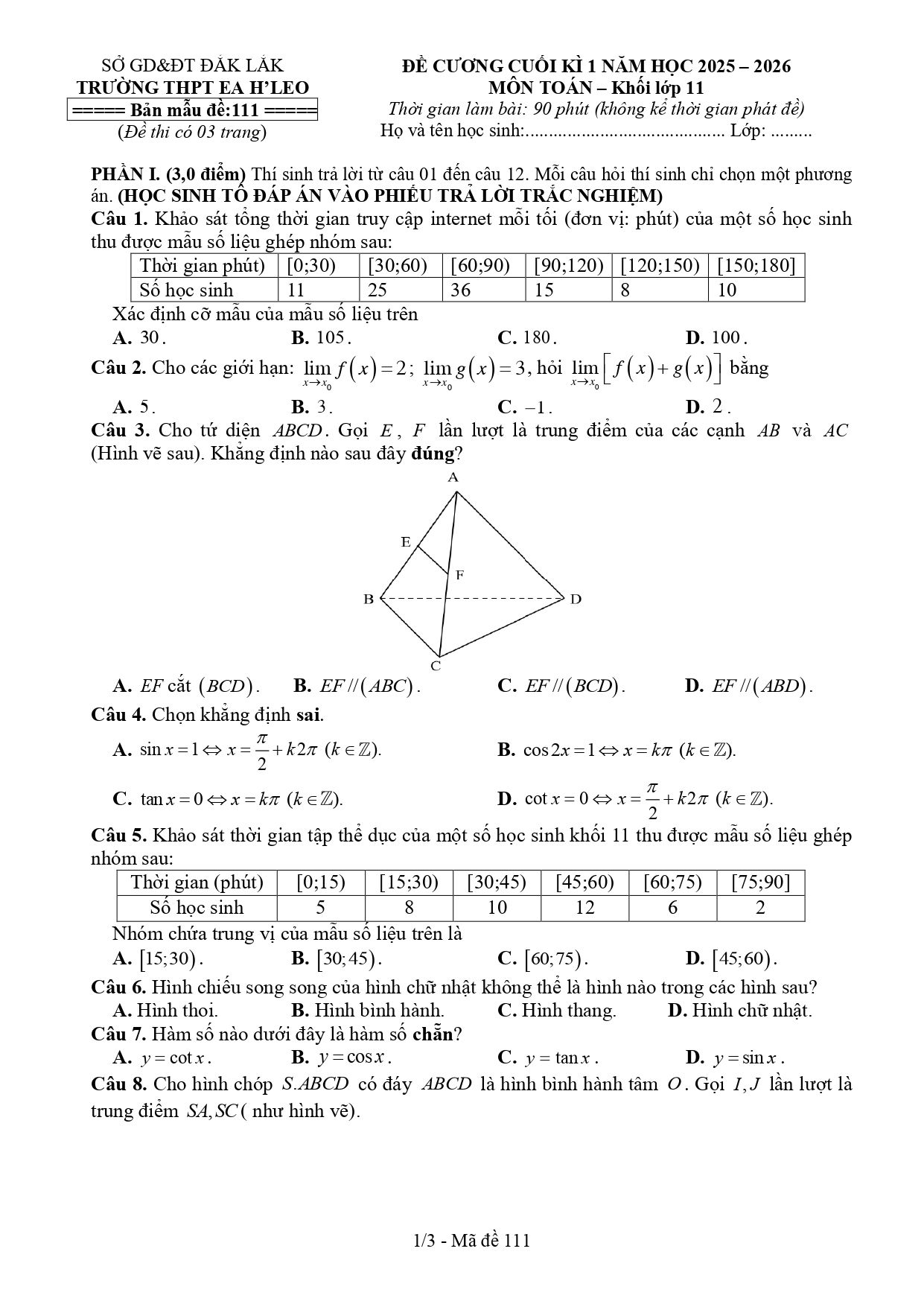 Đề cương ôn tập Học kì 1 Toán 11 trường THPT Ea H’Leo (Đắk Lắk) năm 2025–2026