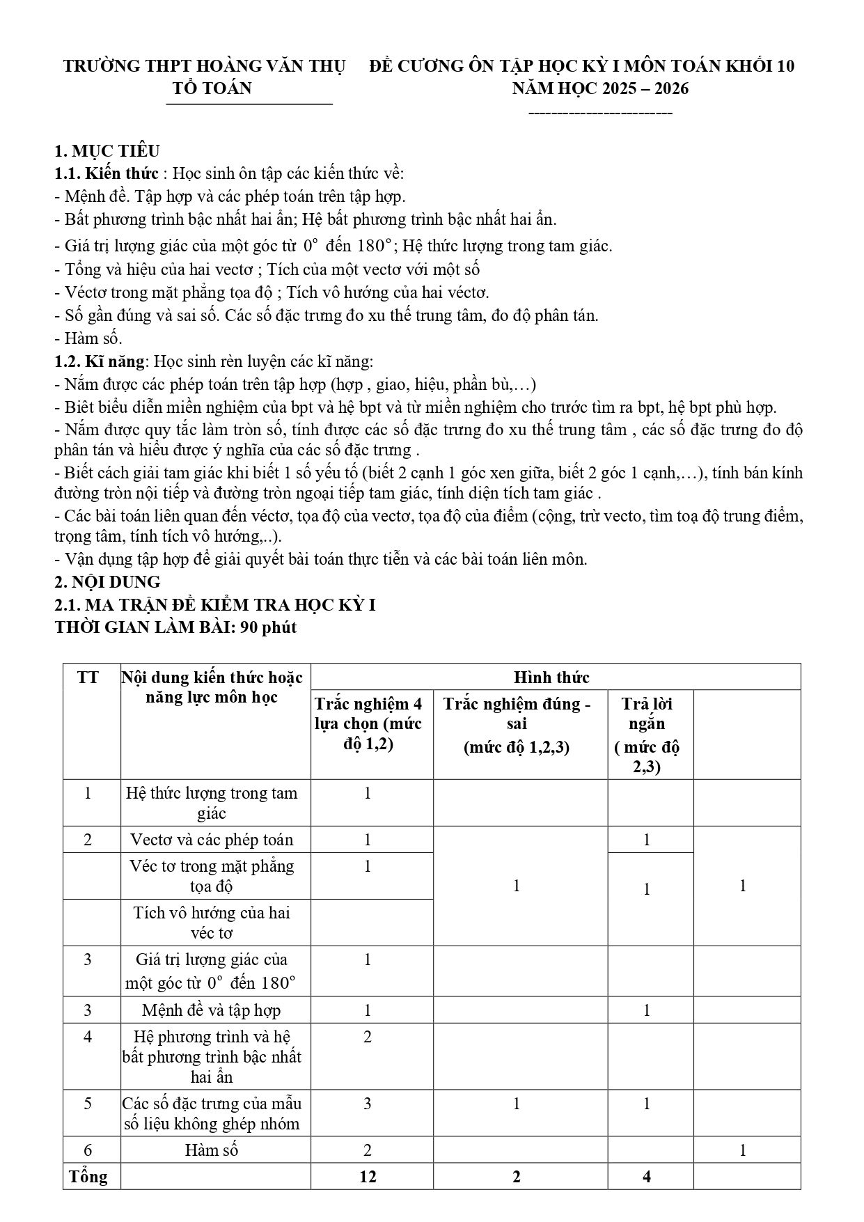 Đề cương ôn tập Học kì 1 Toán 10 trường THPT Hoàng Văn Thụ (Hà Nội) năm 2025–2026
