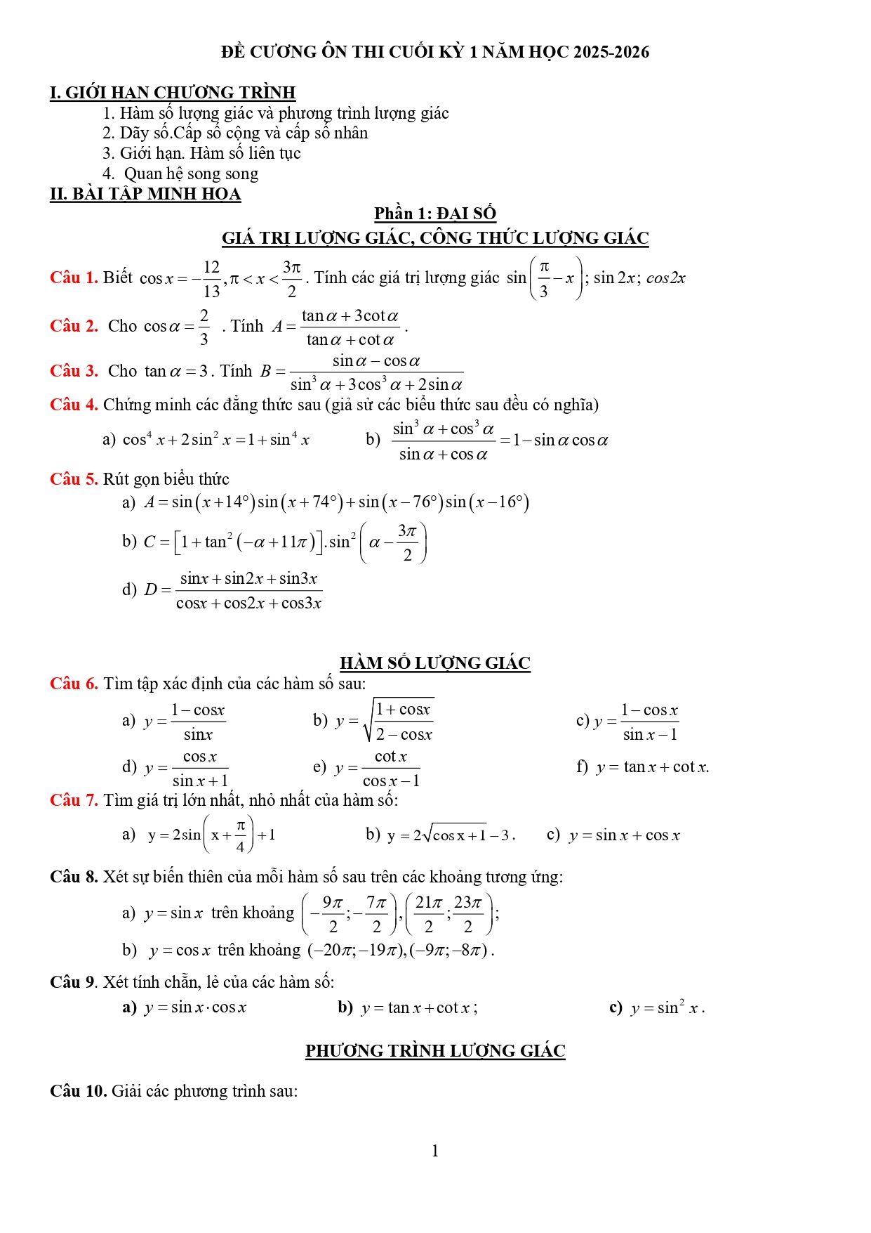Đề cương ôn tập Học kì 1 Toán 11 trường THPT Gia Bình 1 (Bắc Ninh) năm 2025–2026