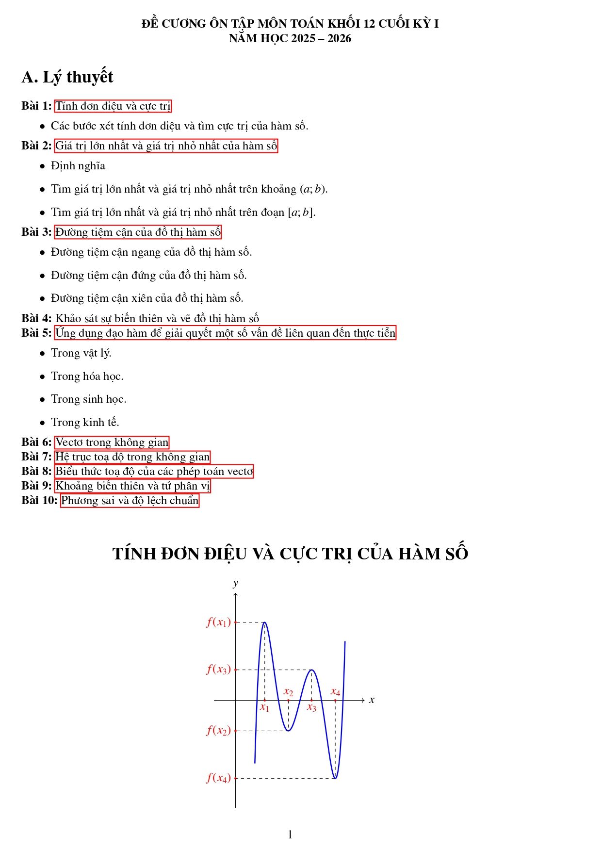 Đề cương ôn tập Học kì 1 Toán 12 trường THPT Đức Trọng (Lâm Đồng) năm 2025–2026